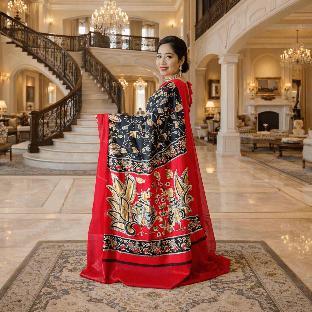 Luxury Red & Black Silk Blend Printed Saree With Traditional Motifs – Party Wear & Wedding Collection thumbnail 3