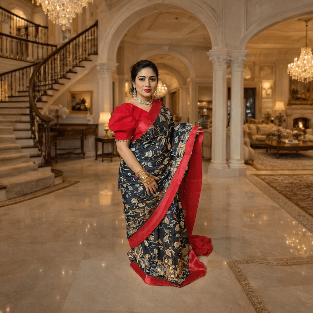 Luxury Red & Black Silk Blend Printed Saree With Traditional Motifs – Party Wear & Wedding Collection thumbnail 2