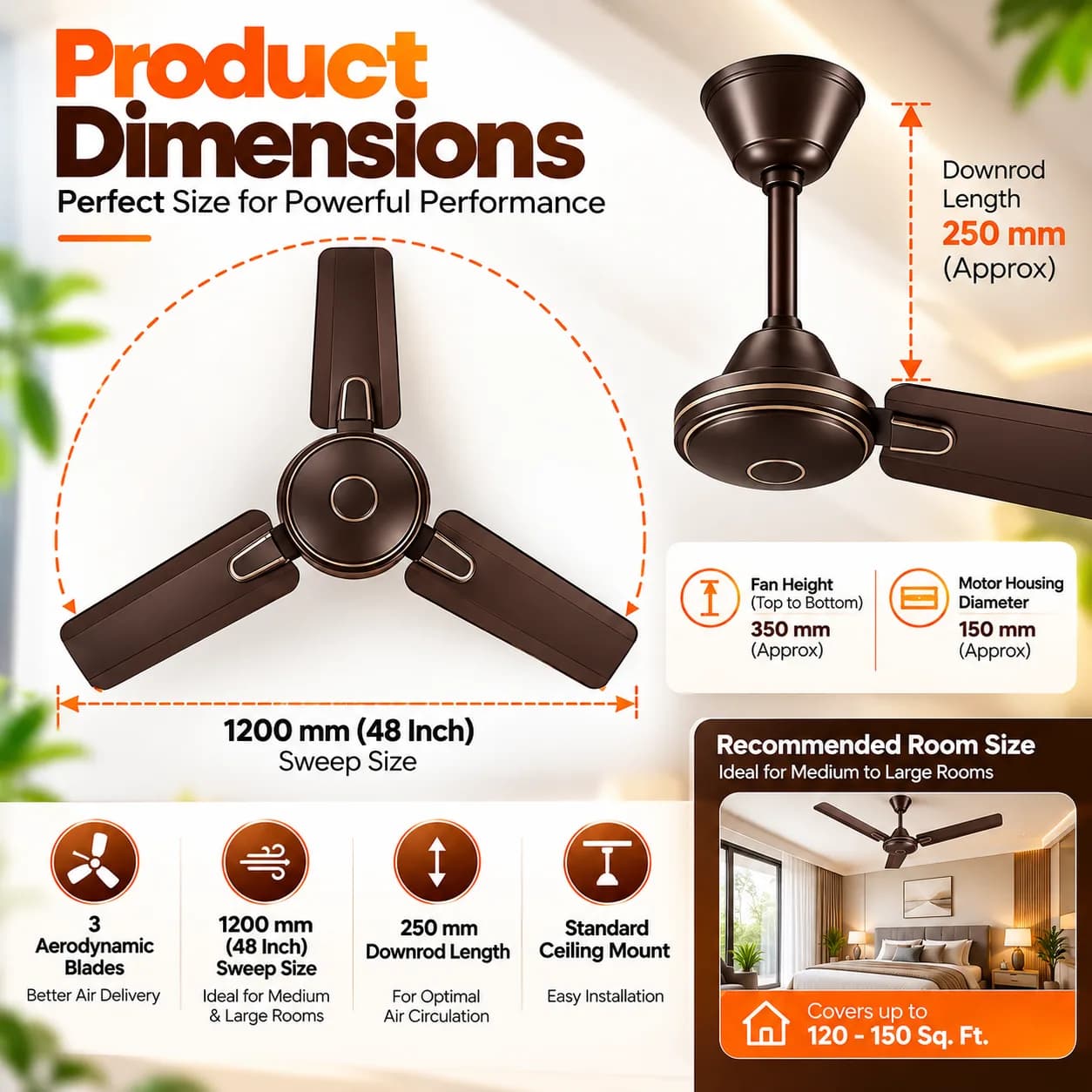 Dark Brown 1200 mm Three-Blade Ceiling Fan with Silver Accent Rings thumbnail 3