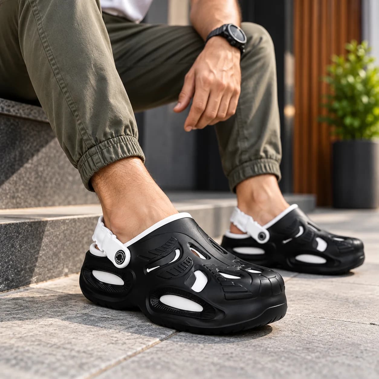 Men’s Black Closed-Toe Clogs with White Pivoting Heel Strap and Cut-Out Upper thumbnail 4