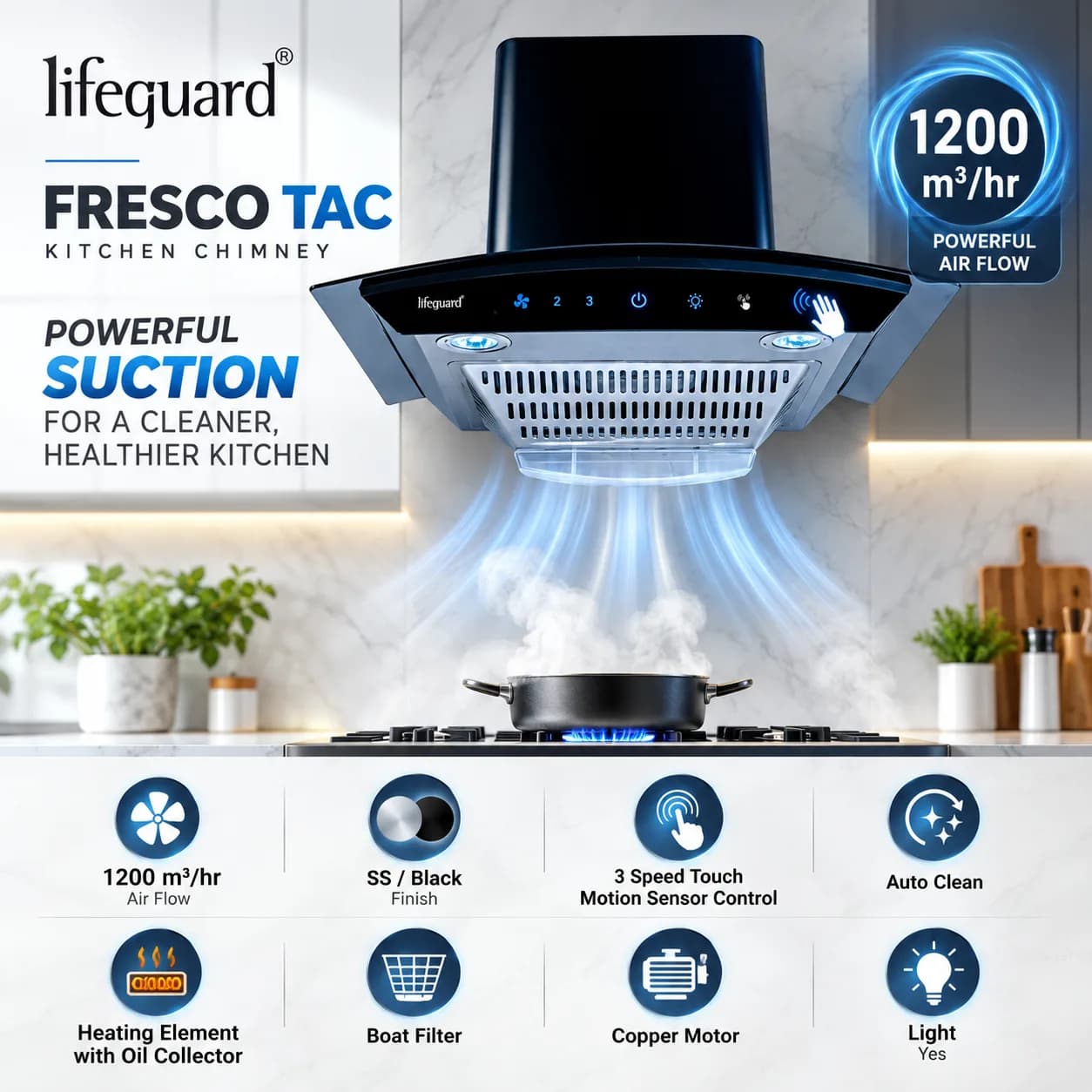 Lifeguard FRESCO TAC Kitchen Chimney – Powerful Suction with Smart Auto-Clean Technology thumbnail 4
