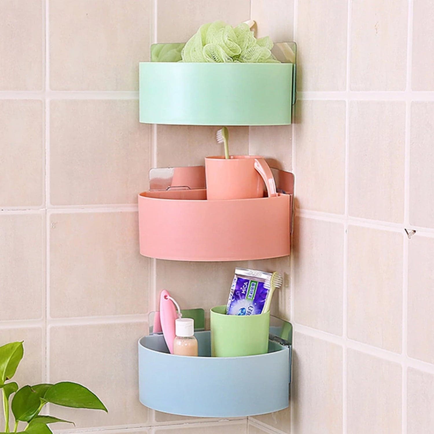 Corner Shelf Bathroom Kitchen Rack Self Adhesive Shower Caddy Plastic Triangle Wall Mount Storage Basket thumbnail 3