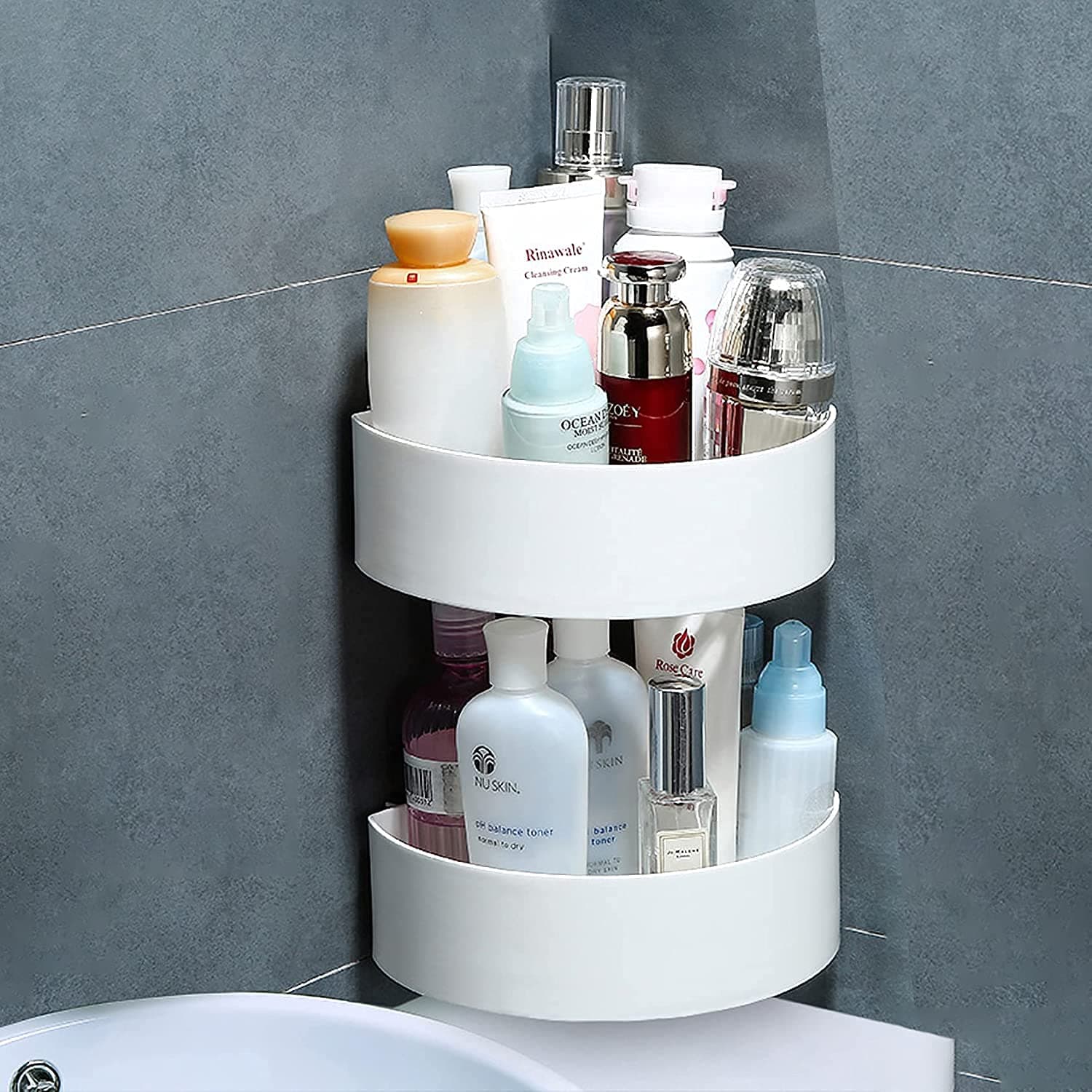 Corner Shelf Bathroom Kitchen Rack Self Adhesive Shower Caddy Plastic Triangle Wall Mount Storage Basket thumbnail 5