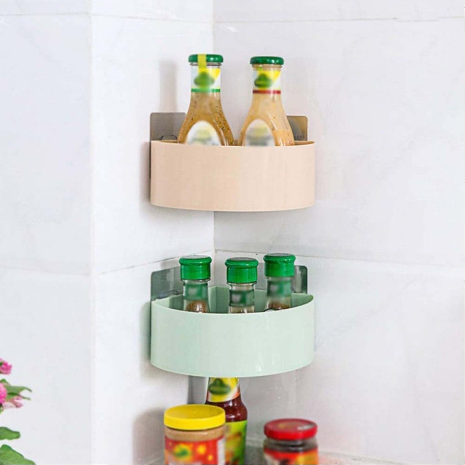 Corner Shelf Bathroom Kitchen Rack Self Adhesive Shower Caddy Plastic Triangle Wall Mount Storage Basket thumbnail 7