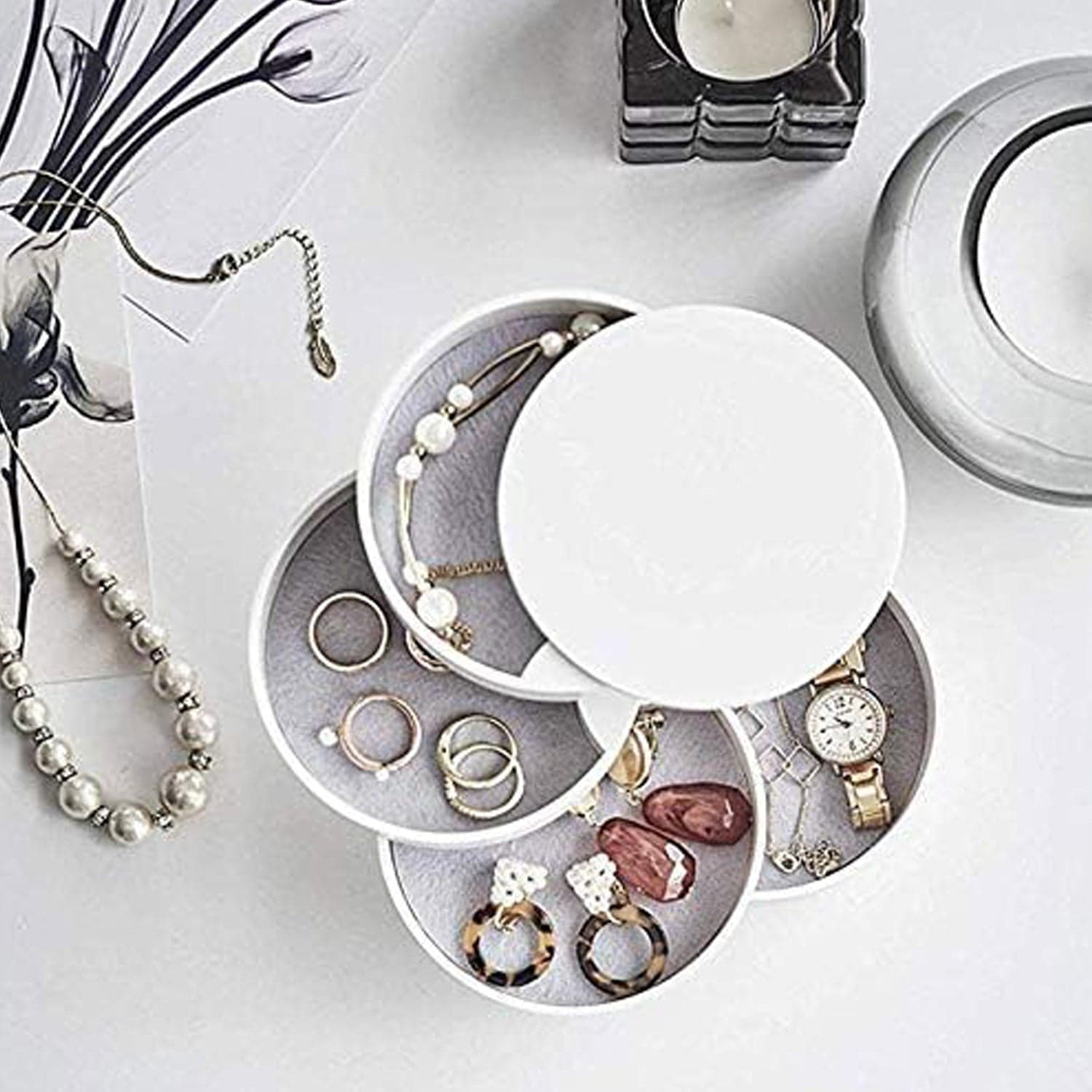 4 Layers Jewellery Box, 360 Degree Rotating Jewelry Box, Jewelry And Earring Organizer Box With Mirror, Accessory Storage Box thumbnail 5