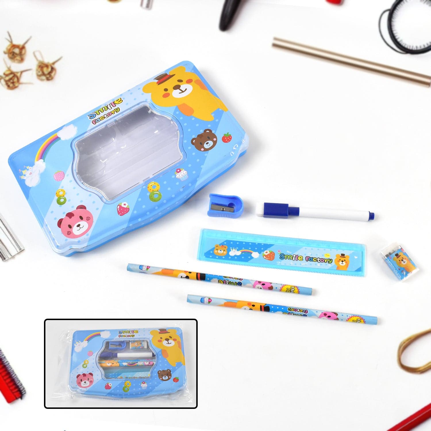Cartoon Metal Compass Box for Kids with Stationery (6 Pc Set) thumbnail 1