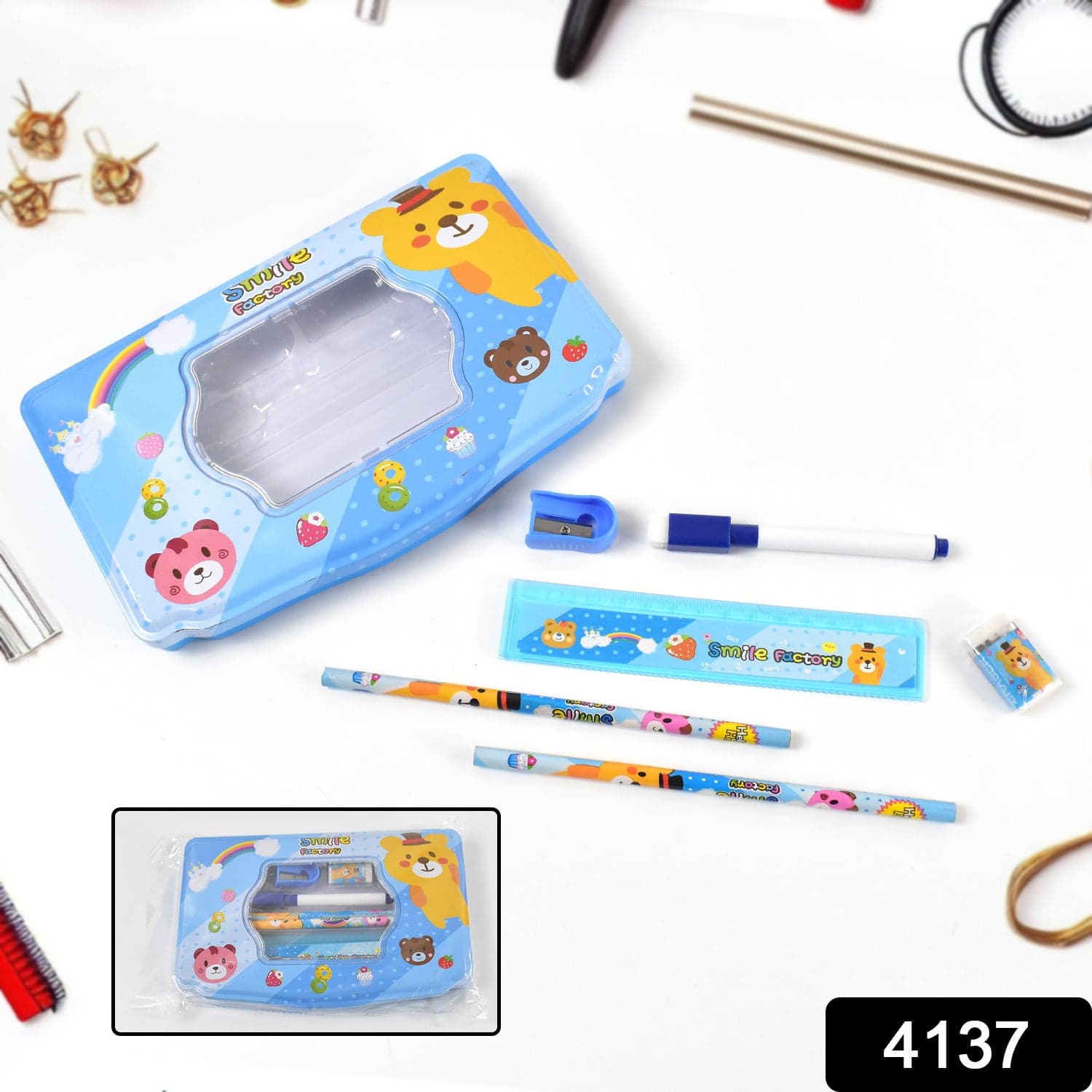 Cartoon Metal Compass Box for Kids with Stationery (6 Pc Set) thumbnail 2
