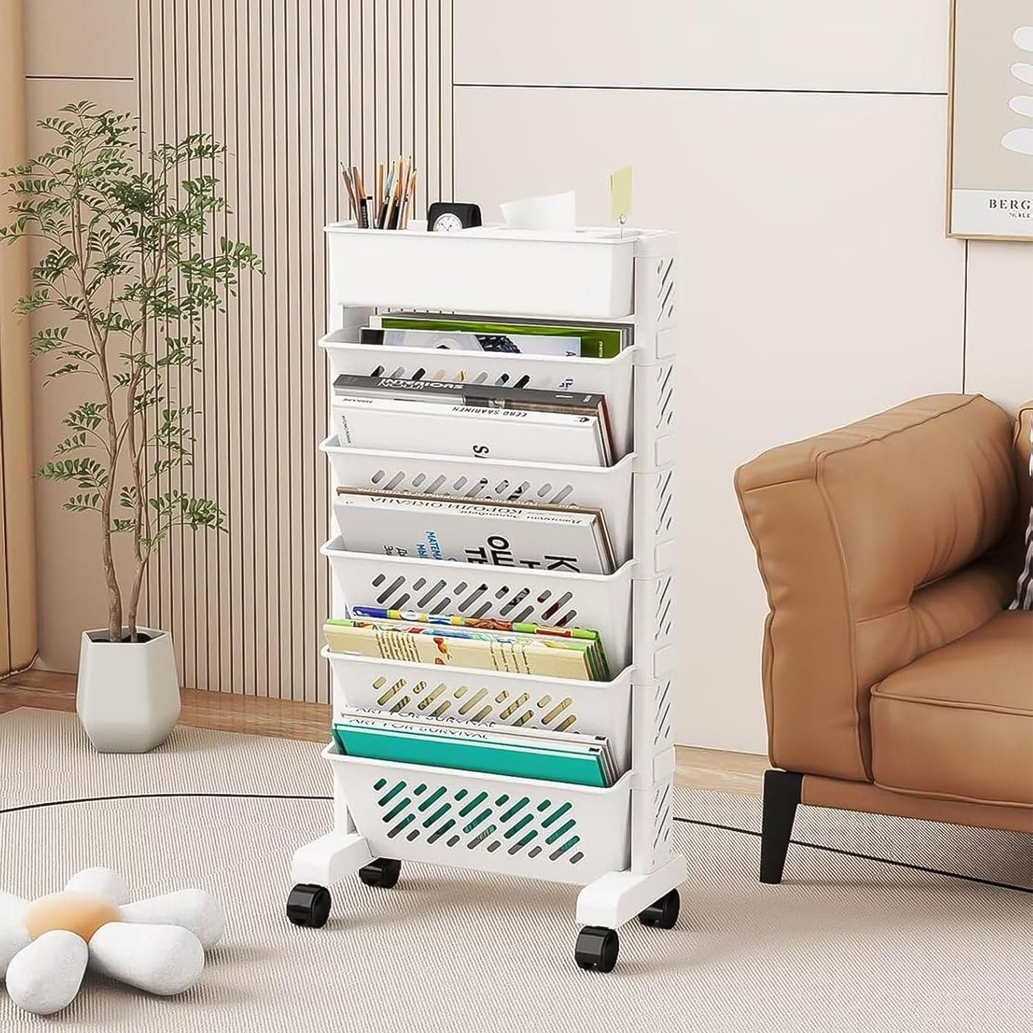 Movable Bookshelf, Large Capacity Rotatable Plastic Rolling Organization Shelf / Rack thumbnail 4