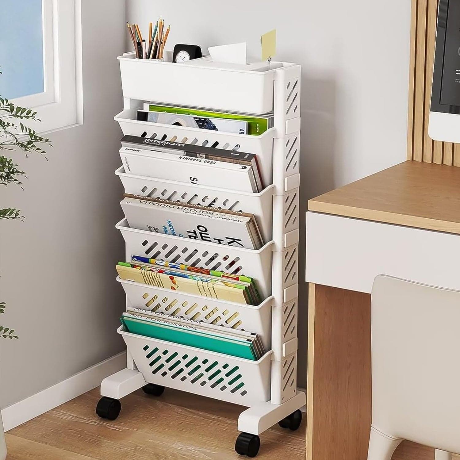 Movable Bookshelf, Large Capacity Rotatable Plastic Rolling Organization Shelf / Rack thumbnail 6