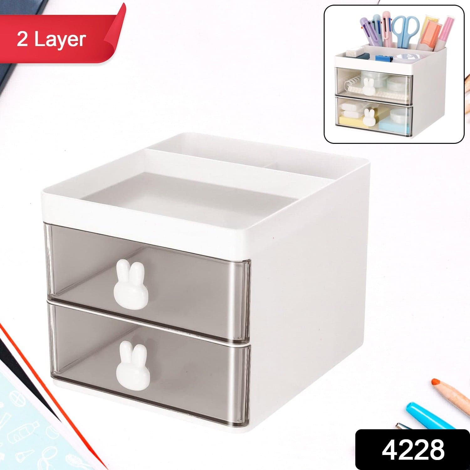 2 Layer 5 Compartment Desk Organizer with Transparent Drawer (1 Pc / 15—13—11 Cm) thumbnail 2