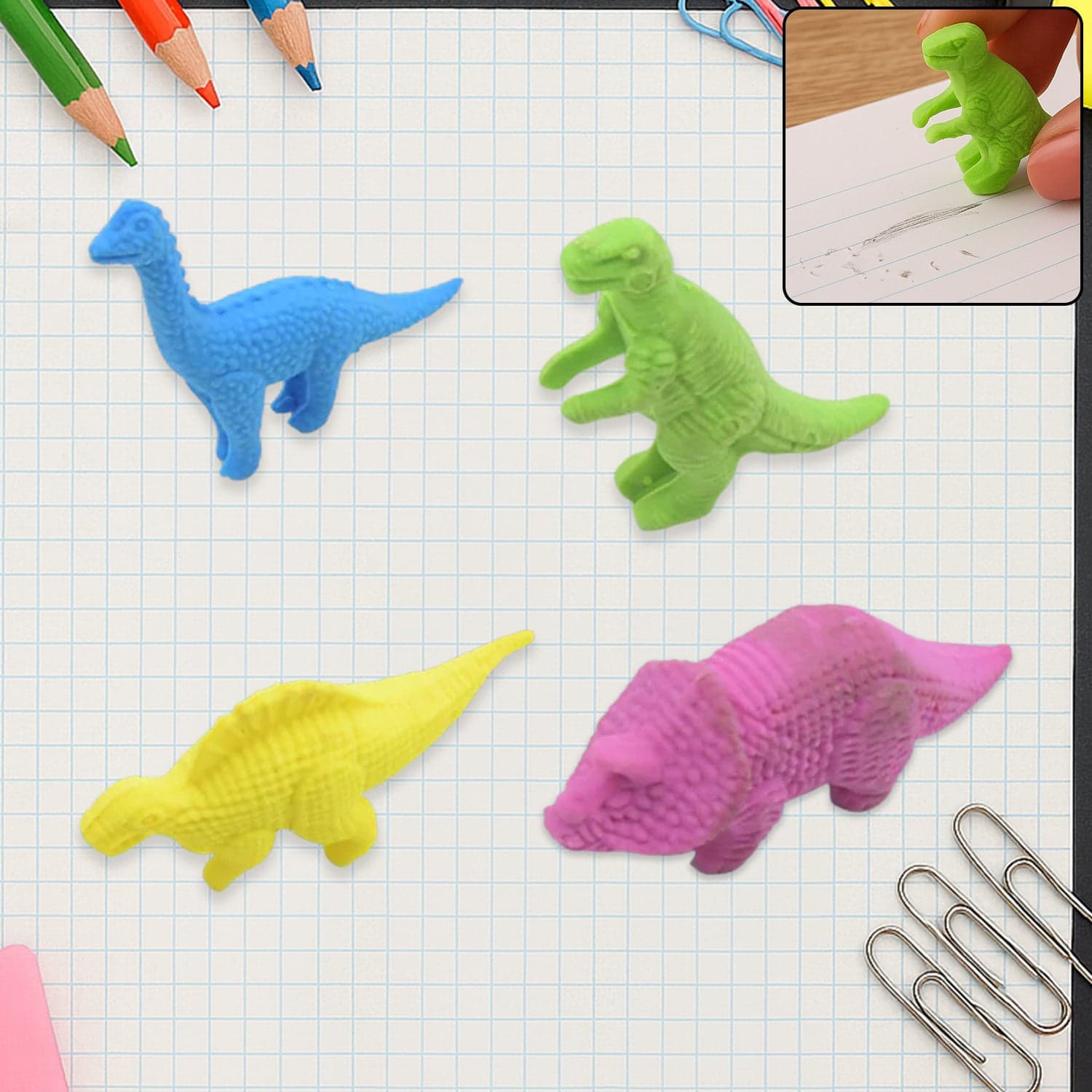 Small Dinosaur Shaped Erasers (4 Pc): Animal Erasers for Kids (School Supplies) thumbnail 1