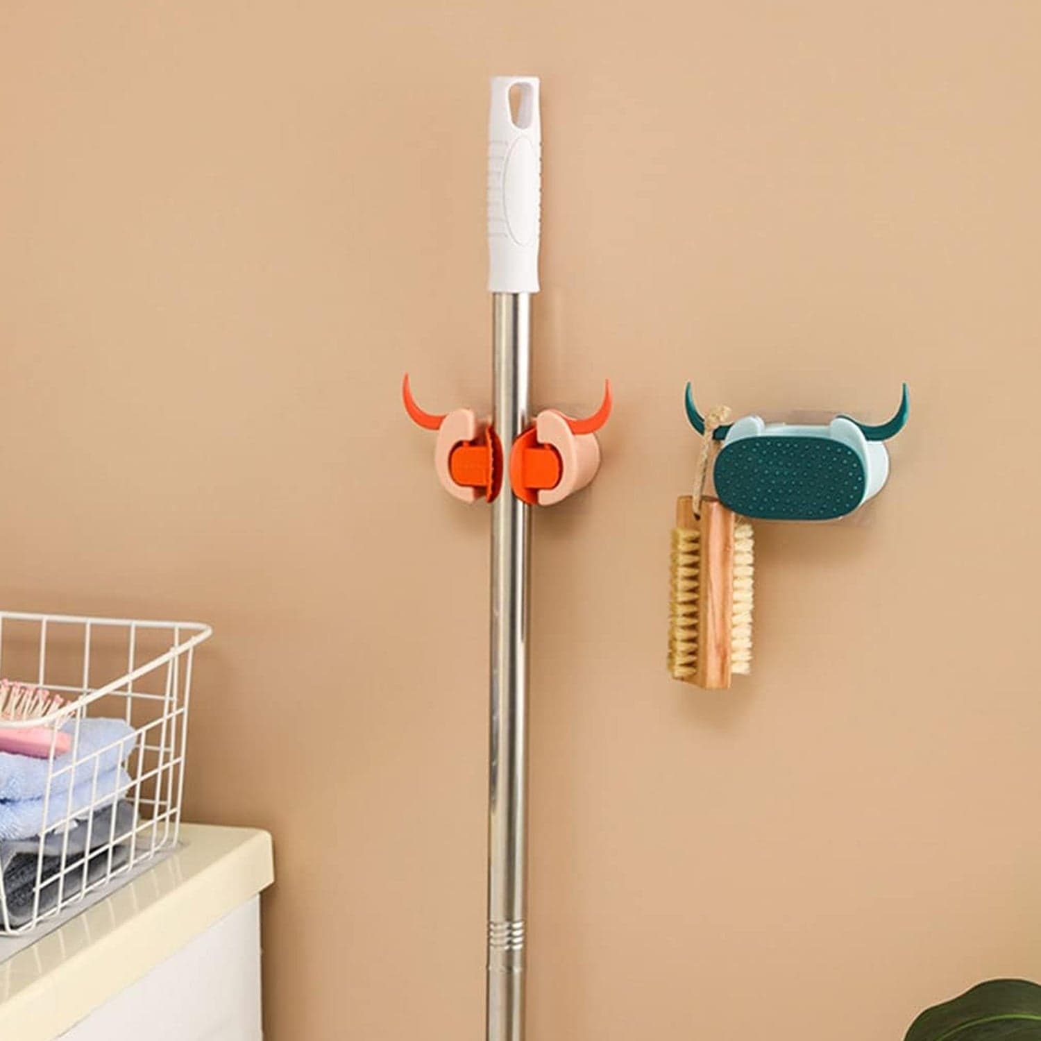 Multifunctional Cartoon Sticky Punch Free Mop Holder Wall Mounted Broom Organizer Cleaning Tools Holder Hanger thumbnail 3
