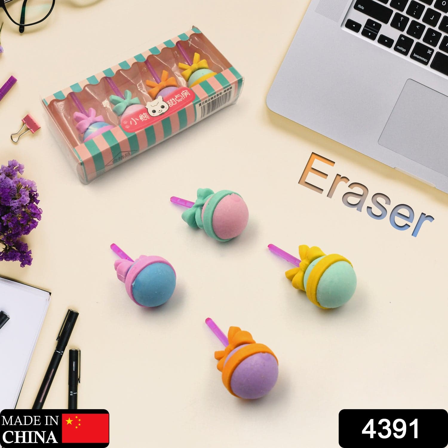 Lolipop Eraser For Girls & Boys / Eraser For School B'Day Return Gift Party Doughnut Lollipop Ice Cream Theme Shape Erasers Set For Kids Educational Stationary Kit thumbnail 2