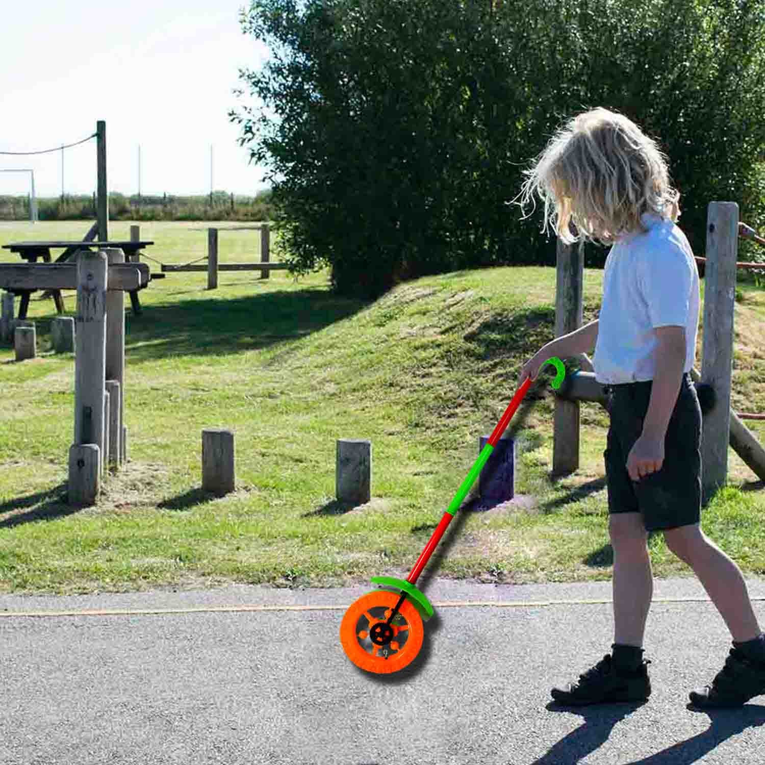 Plastic Single Wheel Push Run toy with handle and two lights on wheel. push toy for Kids. thumbnail 1