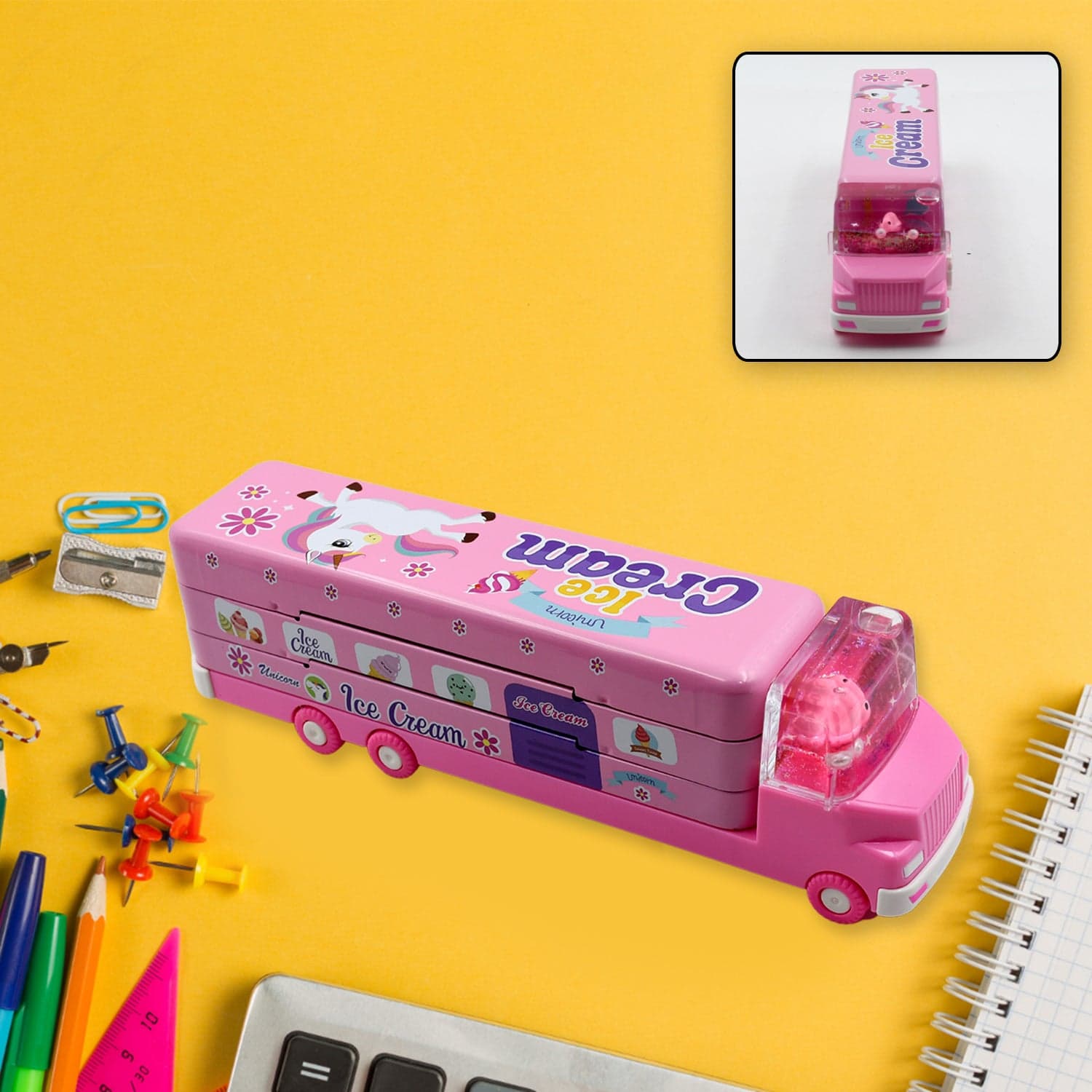 Double Decker Magic Truck Compass Multi Level Metal Truck Compass Pencil Case with Movable Wheels & Sharpener (Mix Design) thumbnail 1