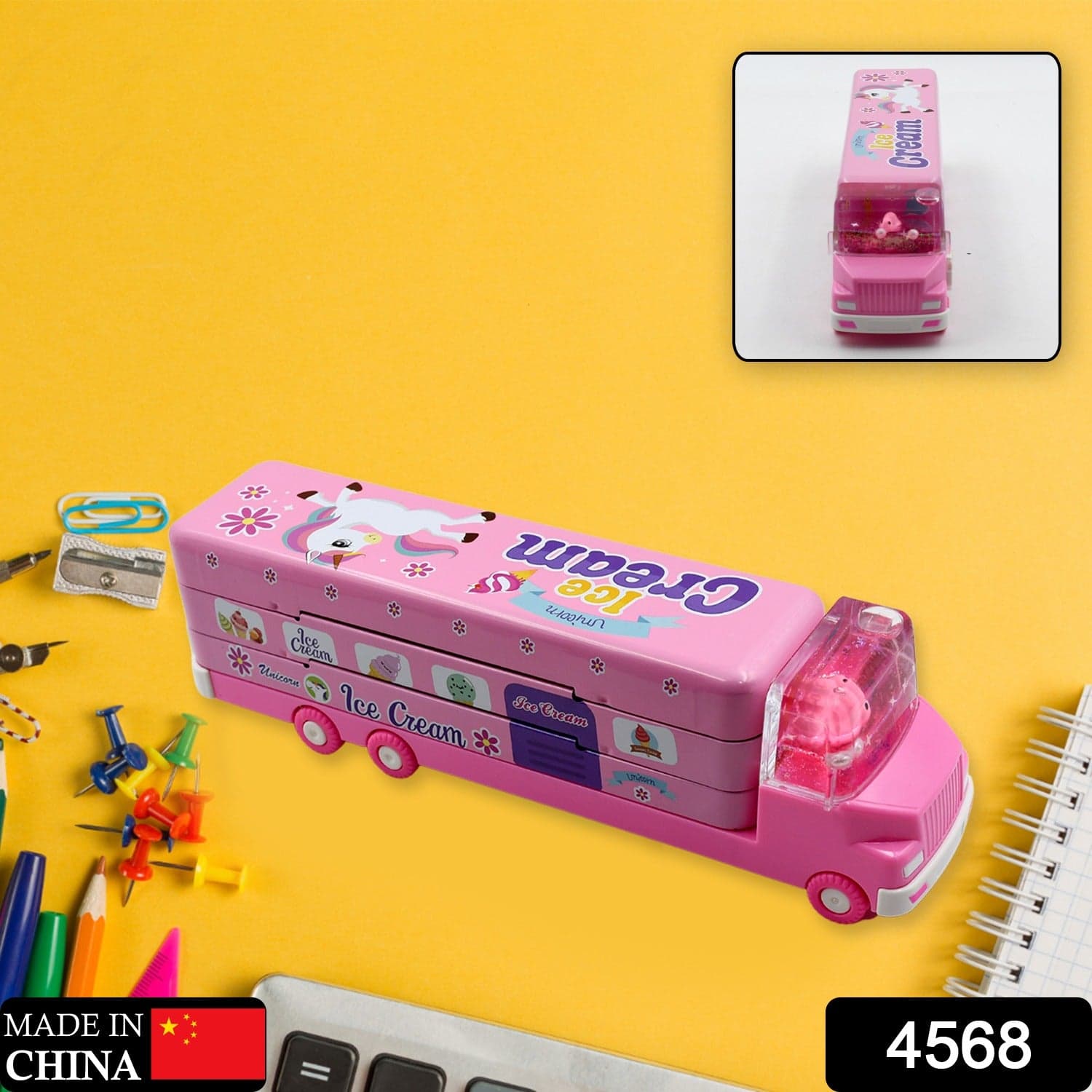 Double Decker Magic Truck Compass Multi Level Metal Truck Compass Pencil Case with Movable Wheels & Sharpener (Mix Design) thumbnail 2