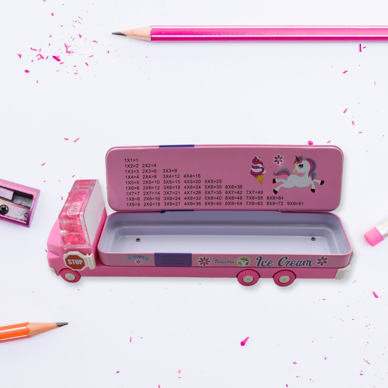 Double Decker Magic Truck Compass Multi Level Metal Truck Compass Pencil Case with Movable Wheels & Sharpener (Mix Design) thumbnail 3
