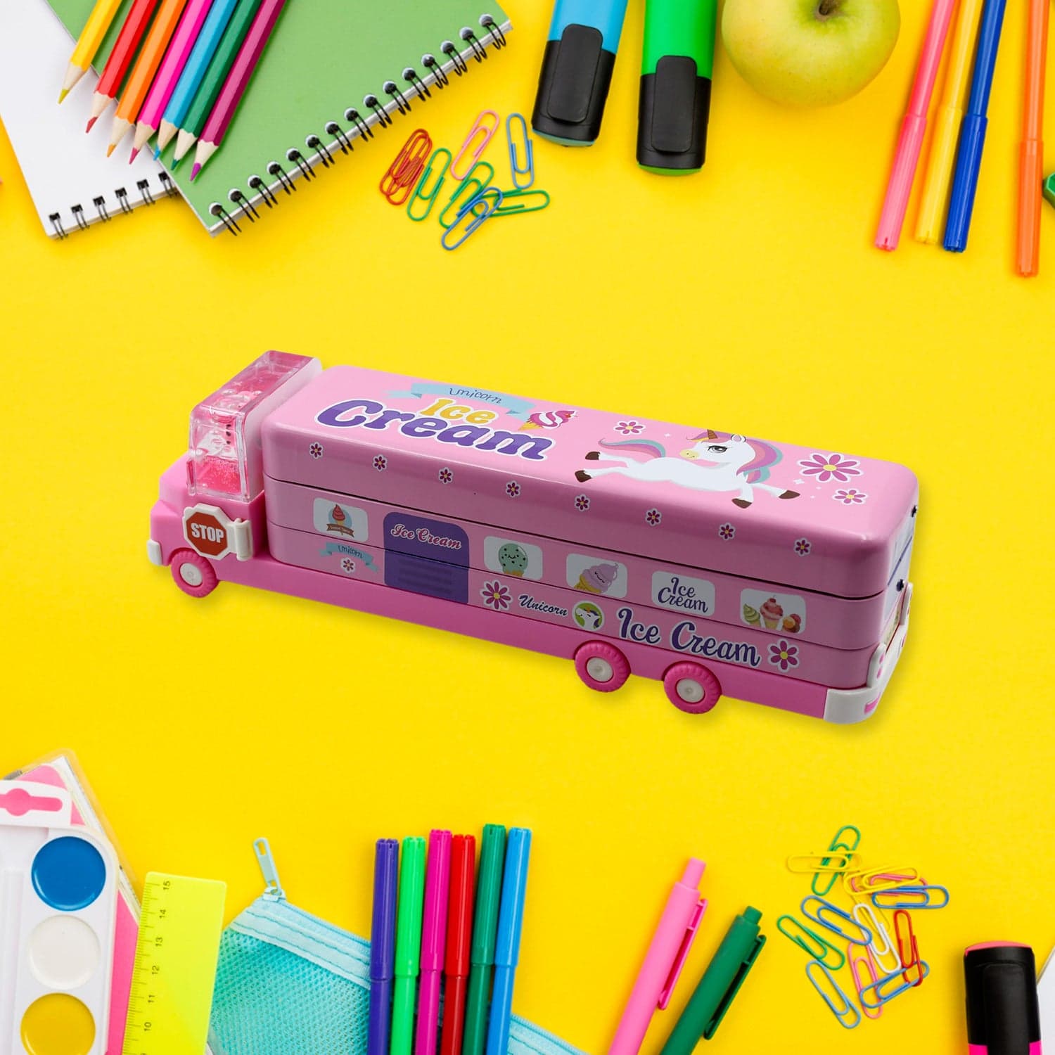 Double Decker Magic Truck Compass Multi Level Metal Truck Compass Pencil Case with Movable Wheels & Sharpener (Mix Design) thumbnail 4