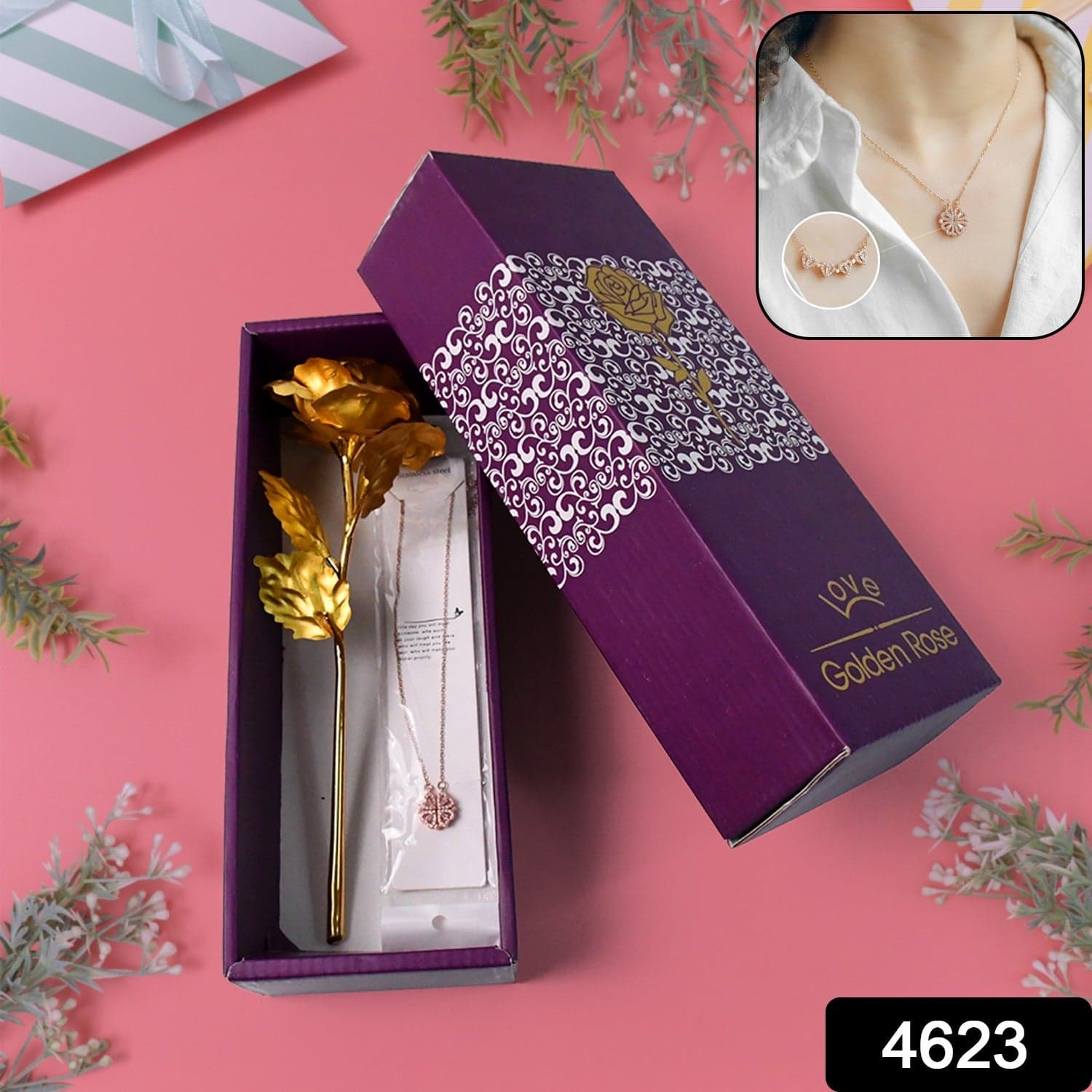 Golden Rose & Necklace Set Perfect Gift Set thumbnail 2