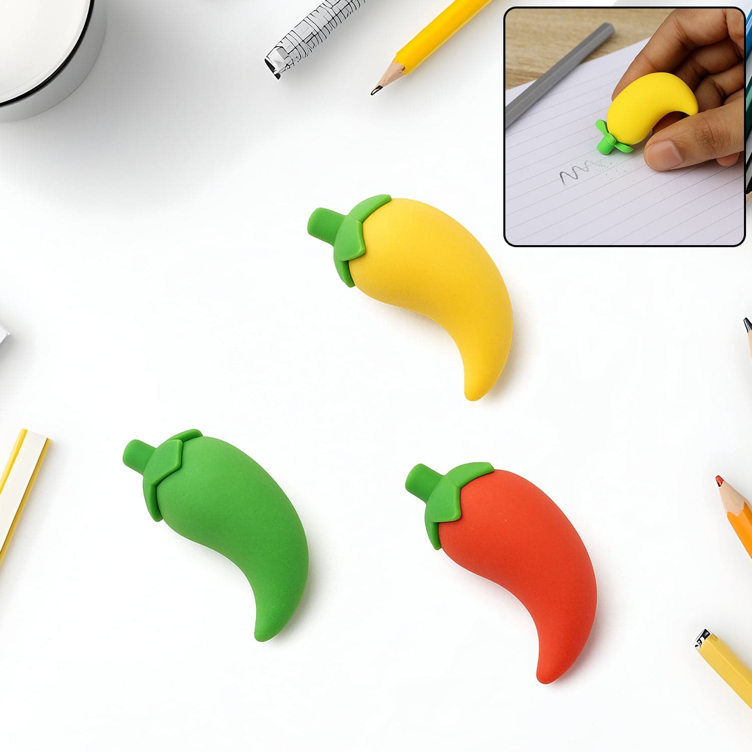 3D Fancy Colorful Chili Shape Erasers of Mini Novelty Eraser Set (3 Pc) thumbnail 1