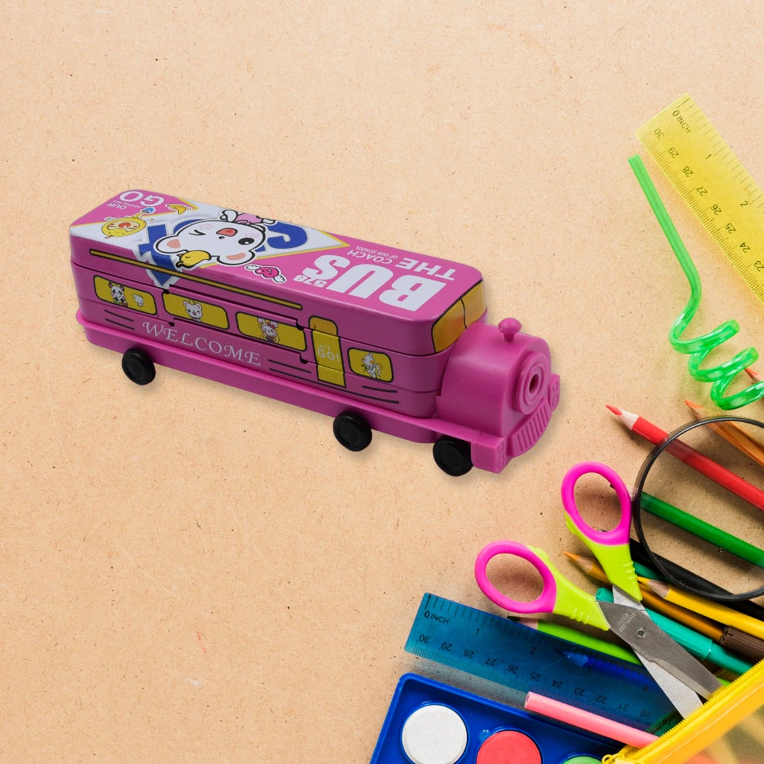 Double Decker Metal Bus Compass Case of 2-Layer with Movable Wheels & Sharpener for Kids thumbnail 1