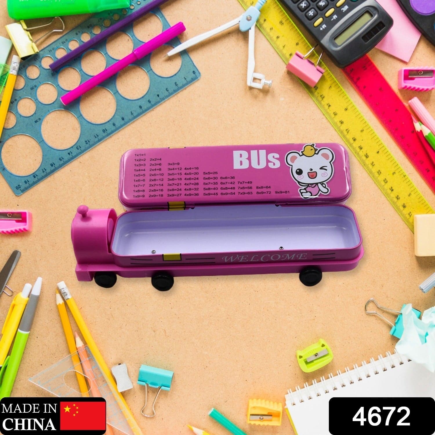 Double Decker Metal Bus Compass Case of 2-Layer with Movable Wheels & Sharpener for Kids thumbnail 2