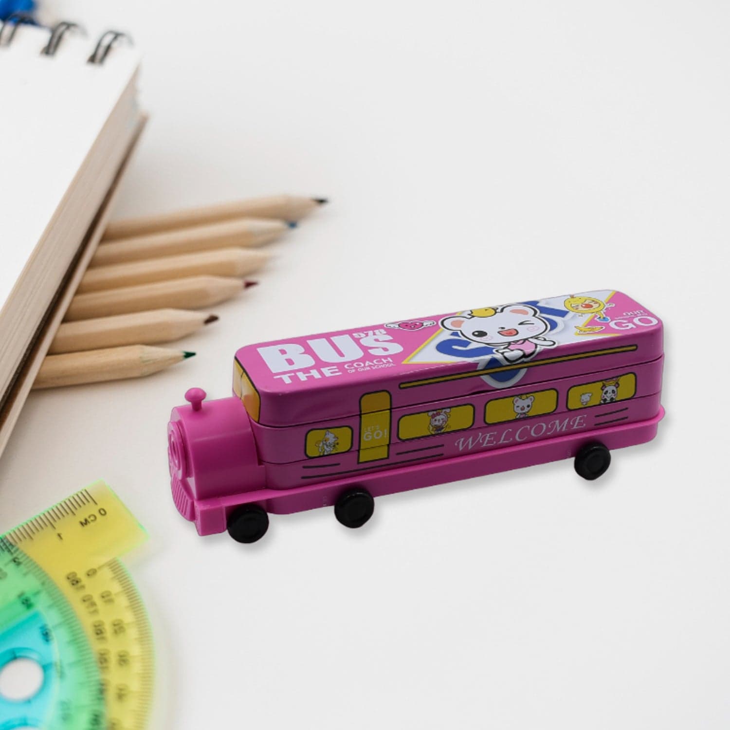 Double Decker Metal Bus Compass Case of 2-Layer with Movable Wheels & Sharpener for Kids thumbnail 3