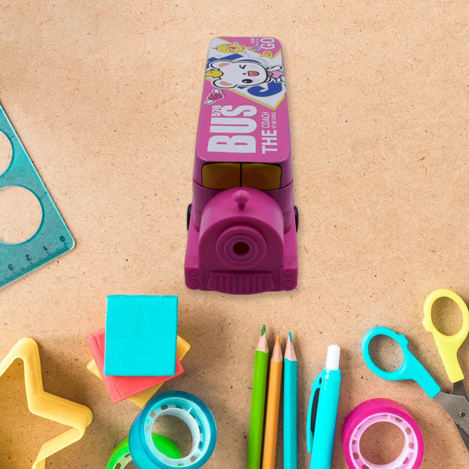Double Decker Metal Bus Compass Case of 2-Layer with Movable Wheels & Sharpener for Kids thumbnail 5