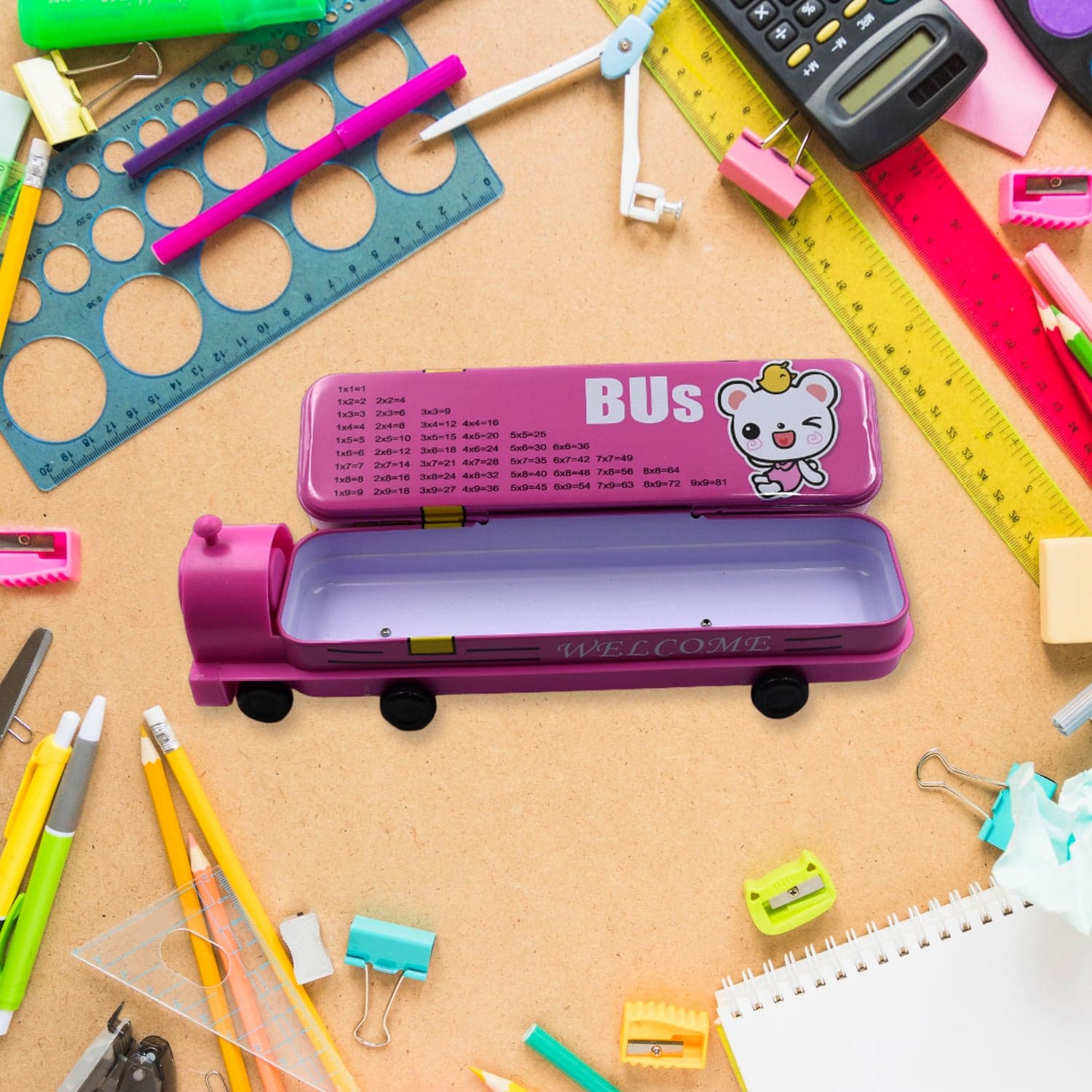 Double Decker Metal Bus Compass Case of 2-Layer with Movable Wheels & Sharpener for Kids thumbnail 6