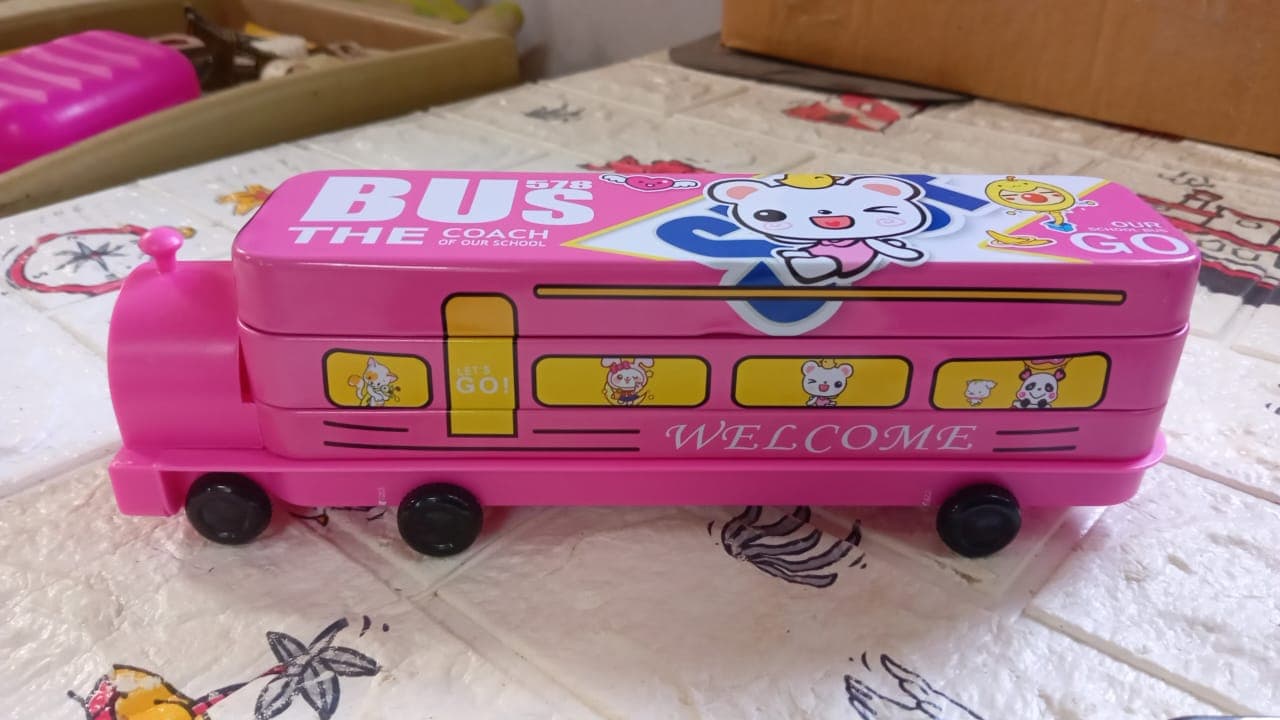 Double Decker Metal Bus Compass Case of 2-Layer with Movable Wheels & Sharpener for Kids thumbnail 7