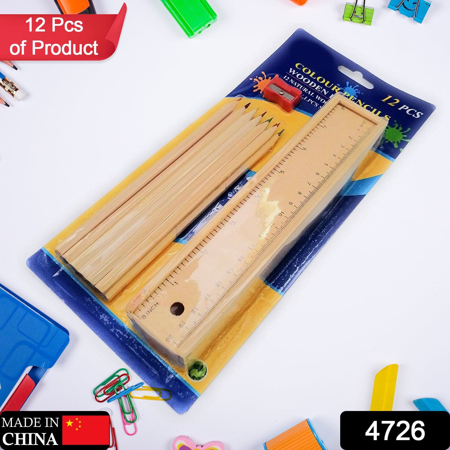 Colorful Wooden Pencil Set With Pencil Box, Ruler, Sharpener For For Kids, Artist, Architect (12 Pcs Set) thumbnail 2