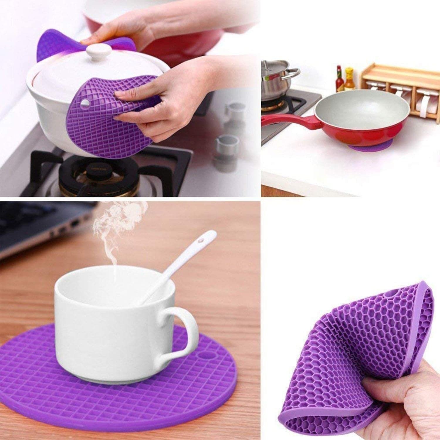 Silicon Hot Pot Mat Set - 4-Piece Heat-Resistant Trivets for Protecting Surfaces thumbnail 7