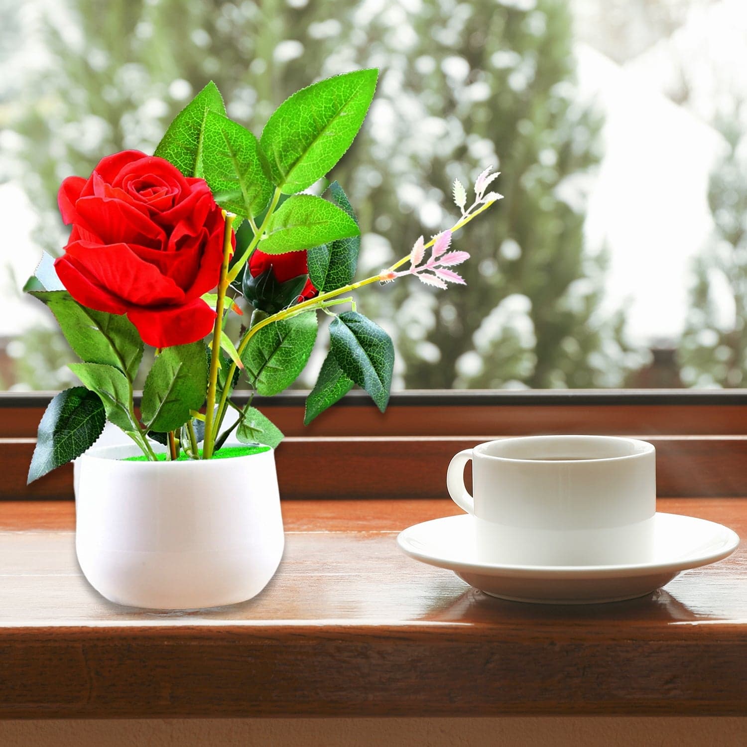 Artificial Rose Flower Plant With Pot, For Home Office Or Gift thumbnail 1
