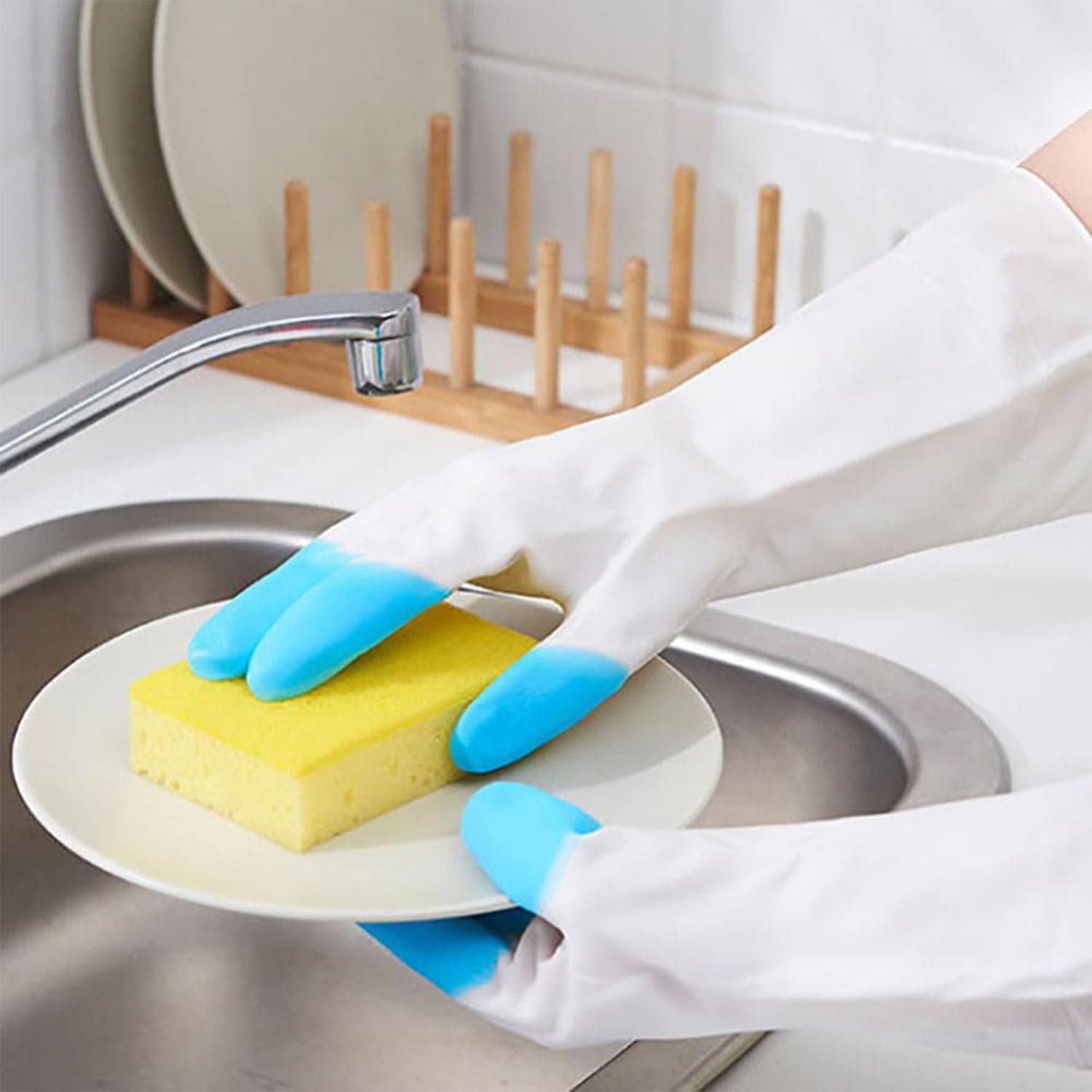 Reusable Rubber Latex PVC Flock lined Elbow Length Hand Gloves cleaning gloves thumbnail 3