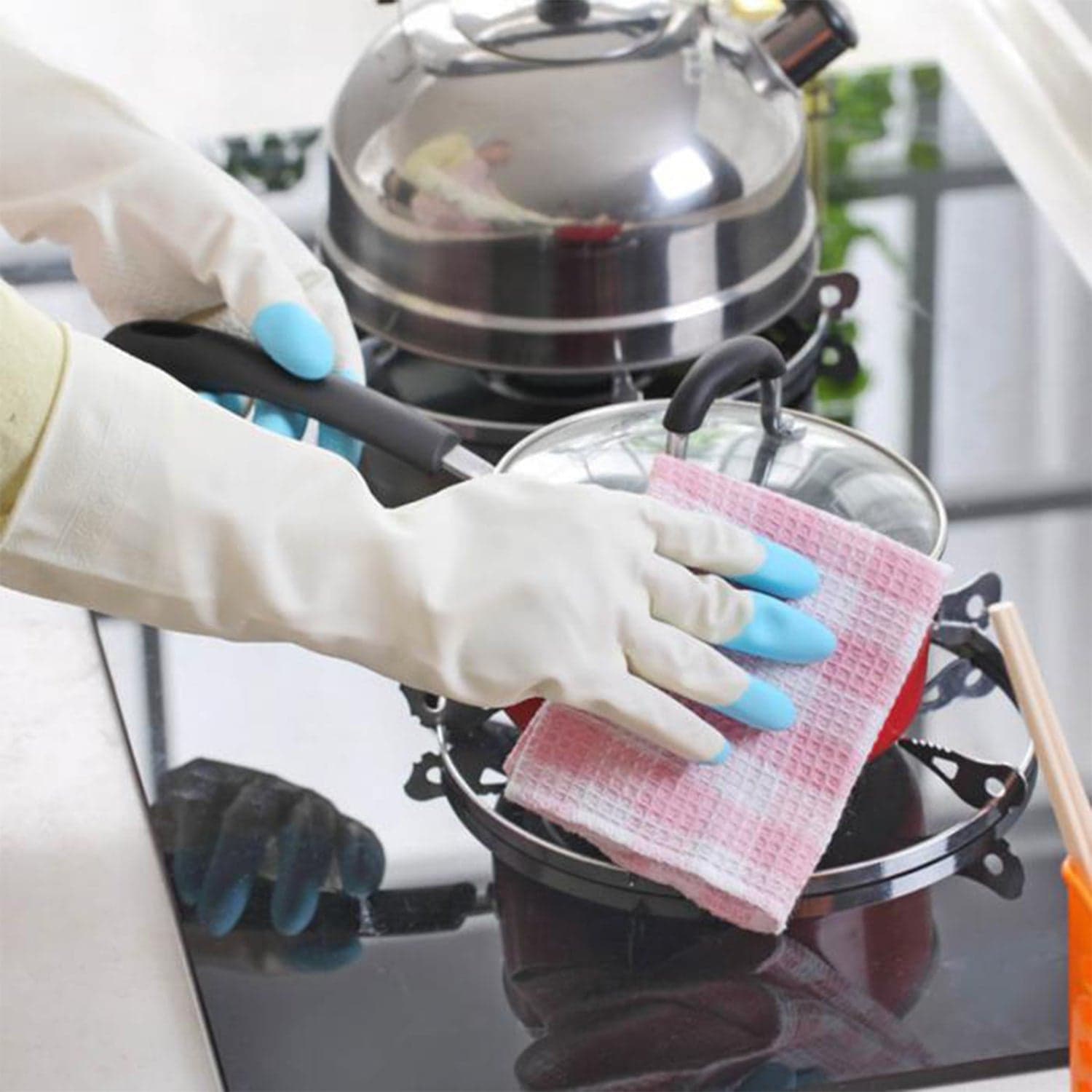 Reusable Rubber Latex PVC Flock lined Elbow Length Hand Gloves cleaning gloves thumbnail 7