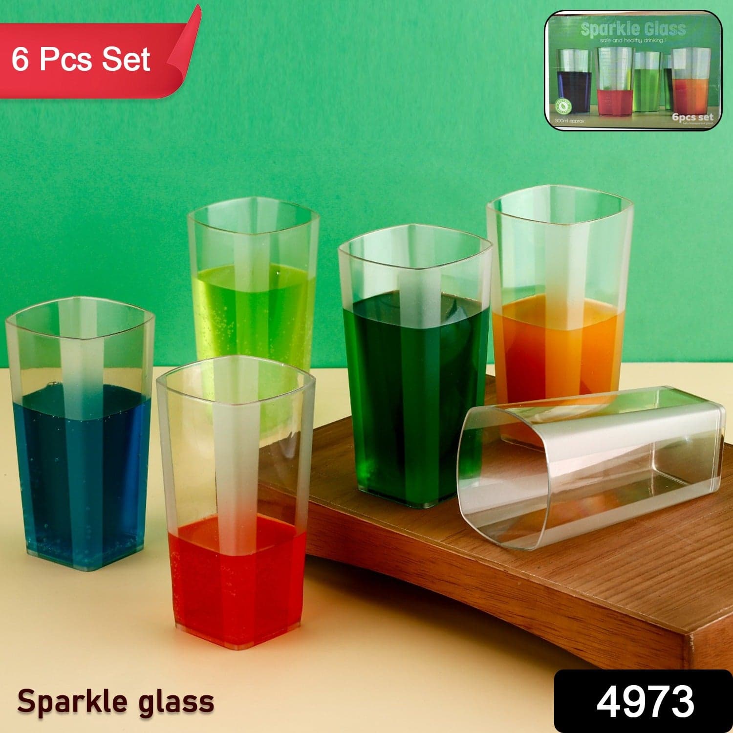 Unbreakable Stylish Transparent Square Design Water / Juice / Beer / Wine Tumbler Plastic Glass Set ( 300 Ml ID-4973 thumbnail 2