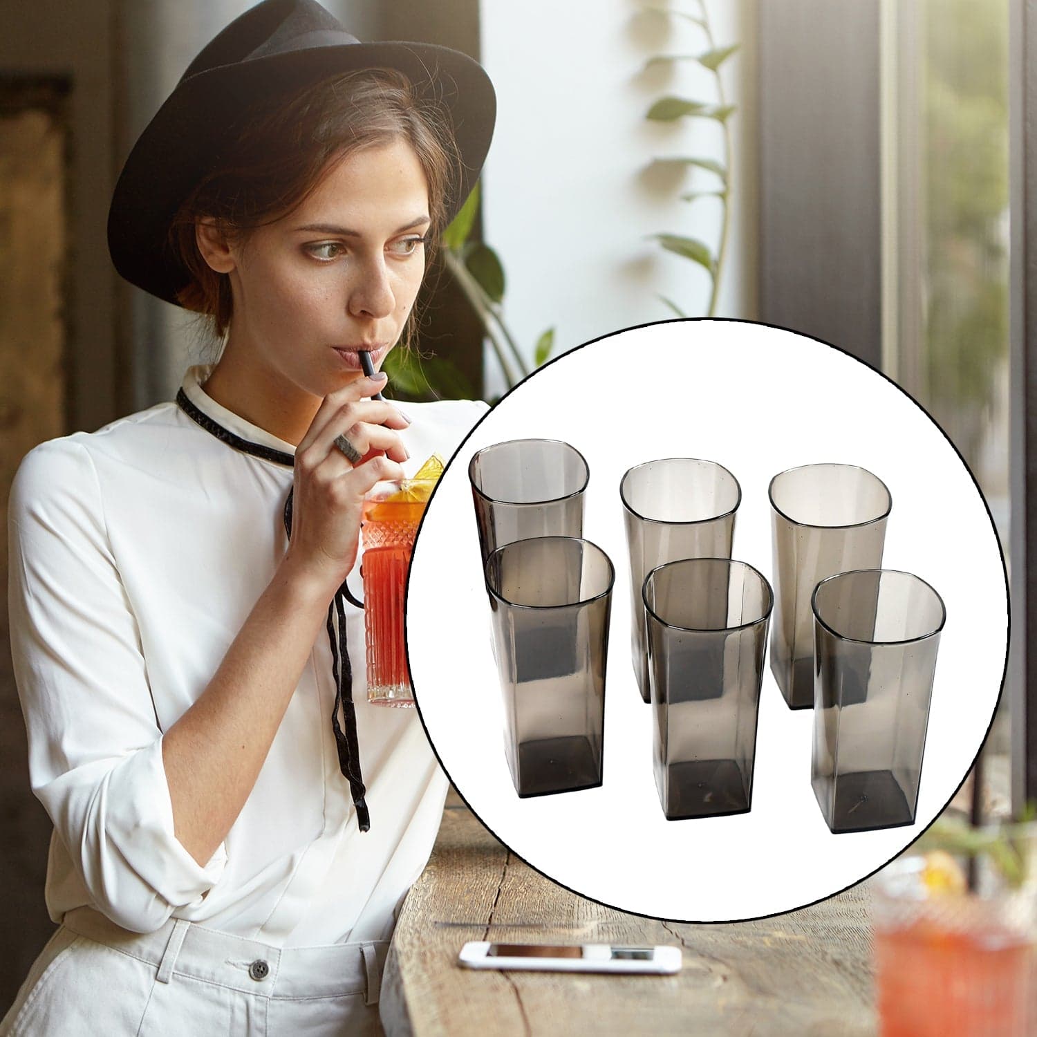 Unbreakable Stylish Transparent Square Design Water / Juice / Beer / Wine Tumbler Plastic Glass Set ( 300 Ml ID-4974 thumbnail 1
