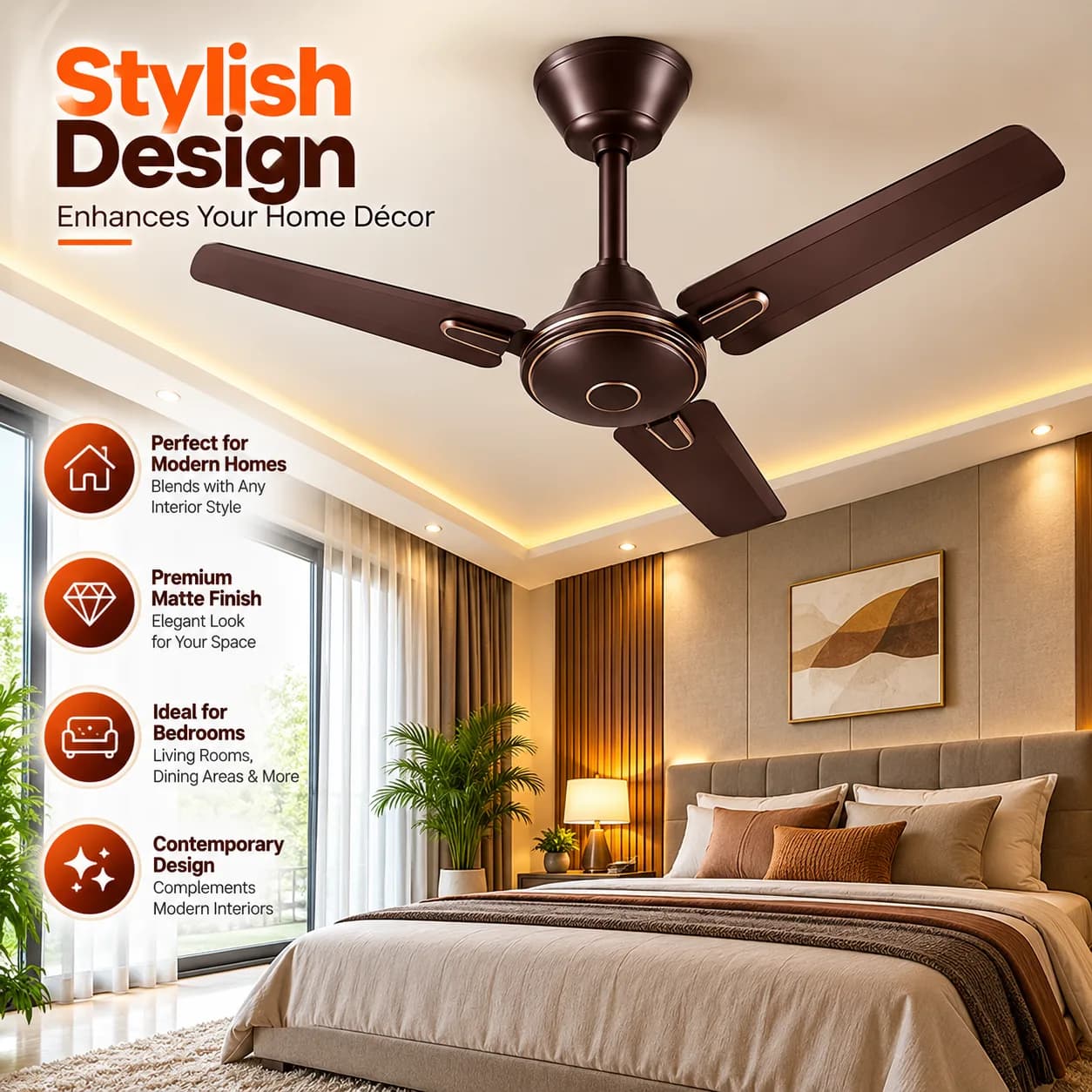 Dark Brown 1200 mm Three-Blade Ceiling Fan with Silver Accent Rings thumbnail 4