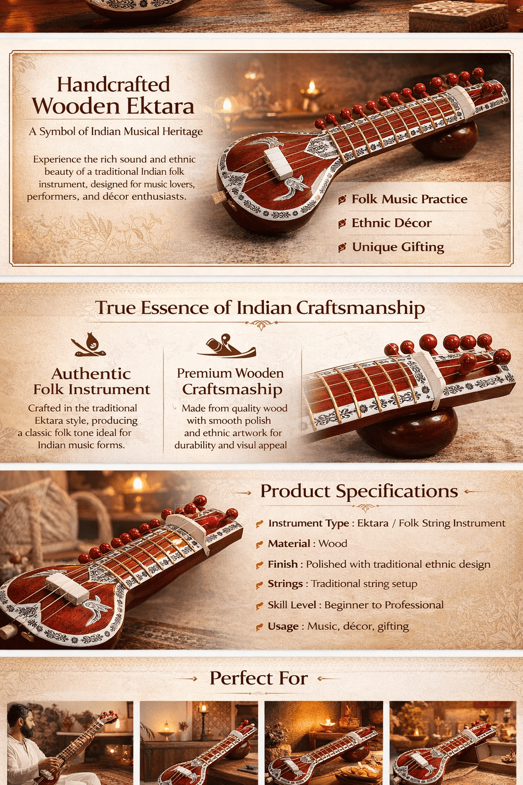 Decorative Handmade Ektara Traditional Indian Folk Musical Instrument For Home Decor thumbnail 5