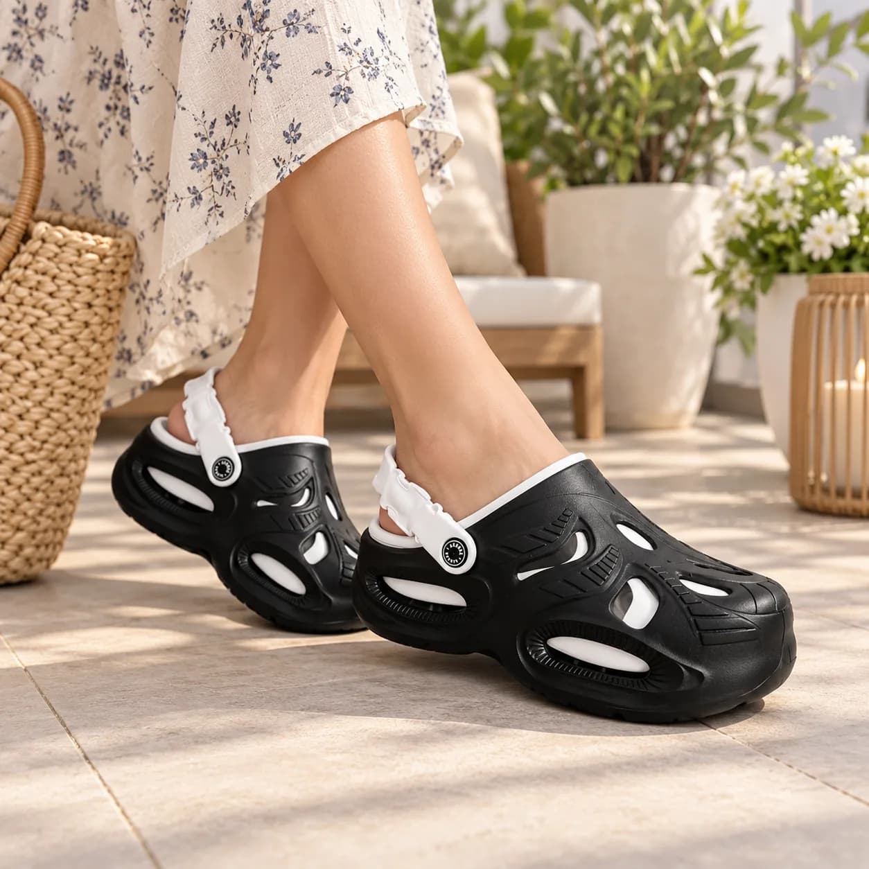 Men’s Black Closed-Toe Clogs with White Pivoting Heel Strap and Cut-Out Upper thumbnail 5