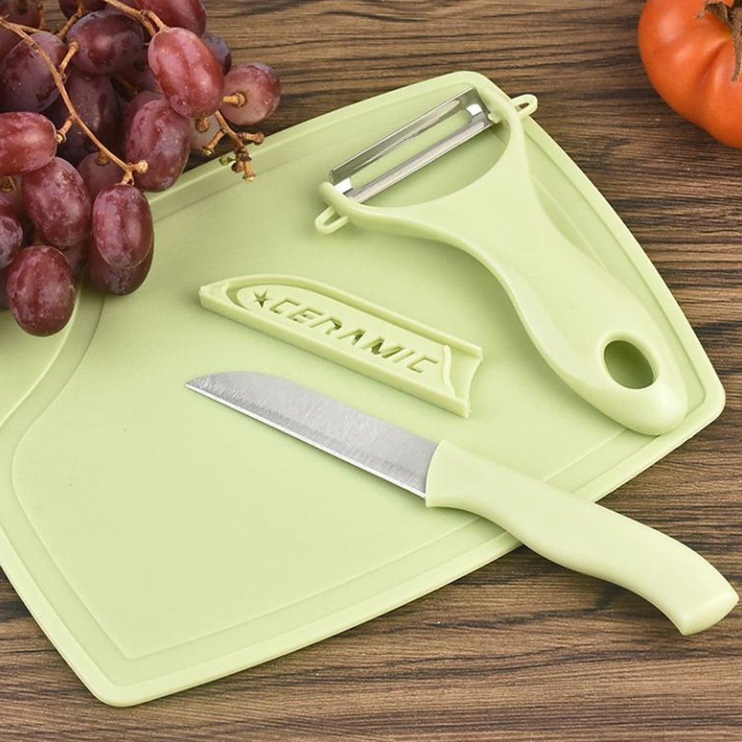 Plastic Kitchen Peeler - Green & Classic Stainless Steel 3-Piece Knife Set Combo thumbnail 1