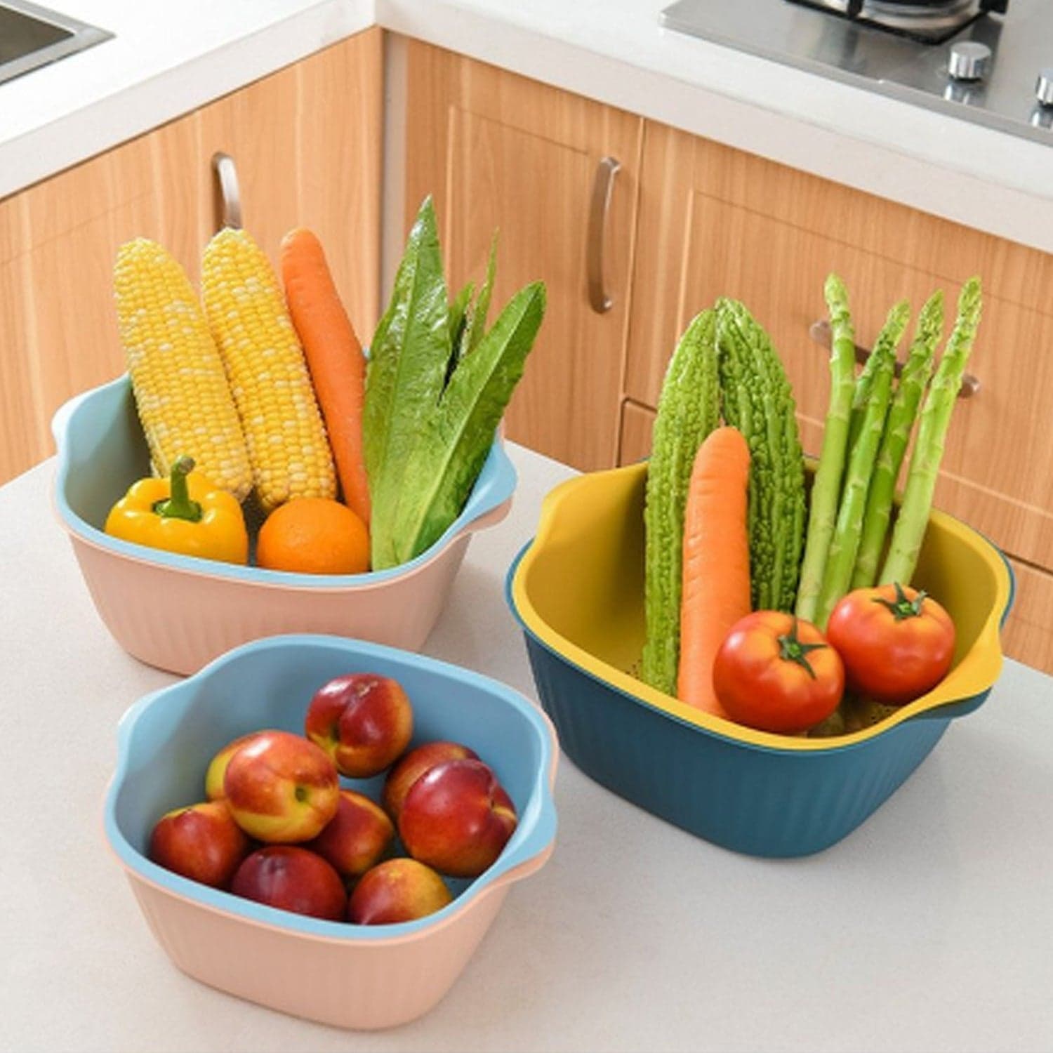 Plastic Washing Bowl & Strainer Basket for Kitchen (Set of 2) thumbnail 3