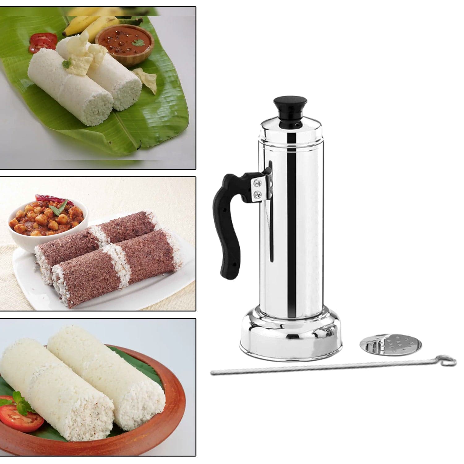 Puttu Maker Set with Steamer Plate & Pressure Cooker Top, Stainless Steel thumbnail 3