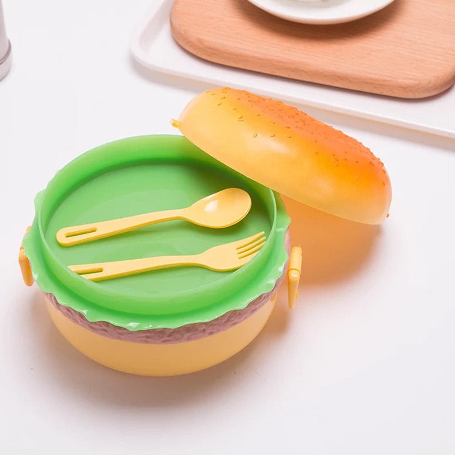 Burger Shape Lunch Box of Double Layer 1000ml Food Container with 2 Spoons for Kids thumbnail 1
