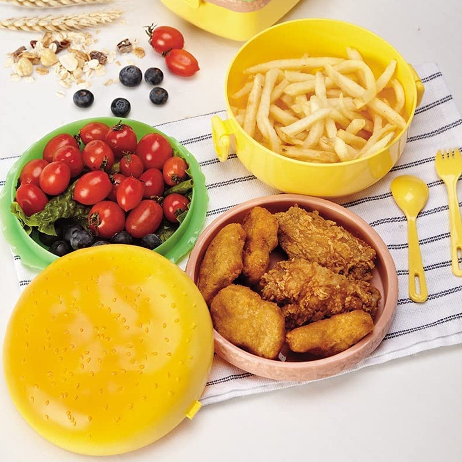 Burger Shape Lunch Box of Double Layer 1000ml Food Container with 2 Spoons for Kids thumbnail 7