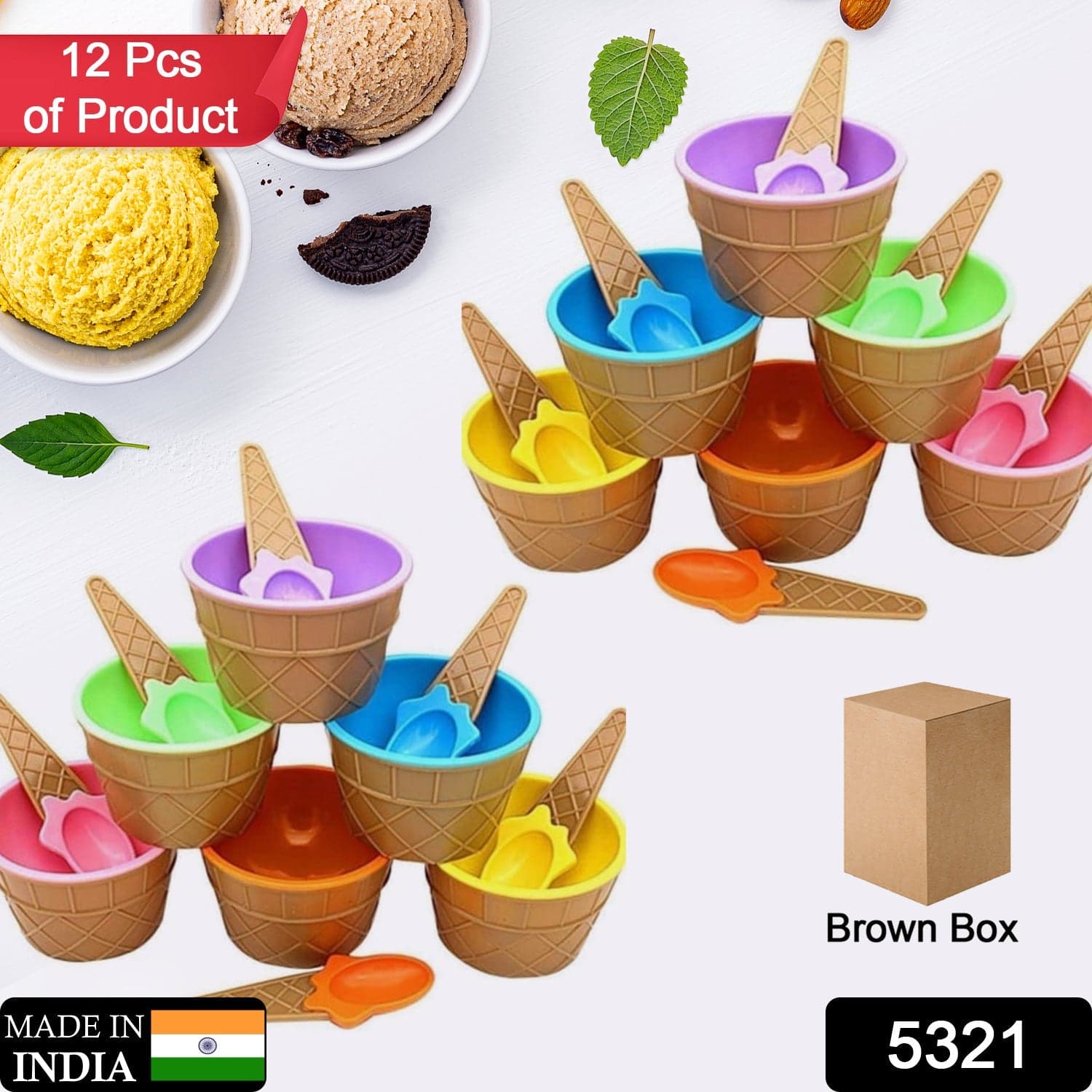 Ice-Cream Waffle Spoon Bowel Cup Set | Premium ice Cream Set | Ice-Cream Bowel with Spoon | 12 units Couple Bowl Set | Brown Box thumbnail 2