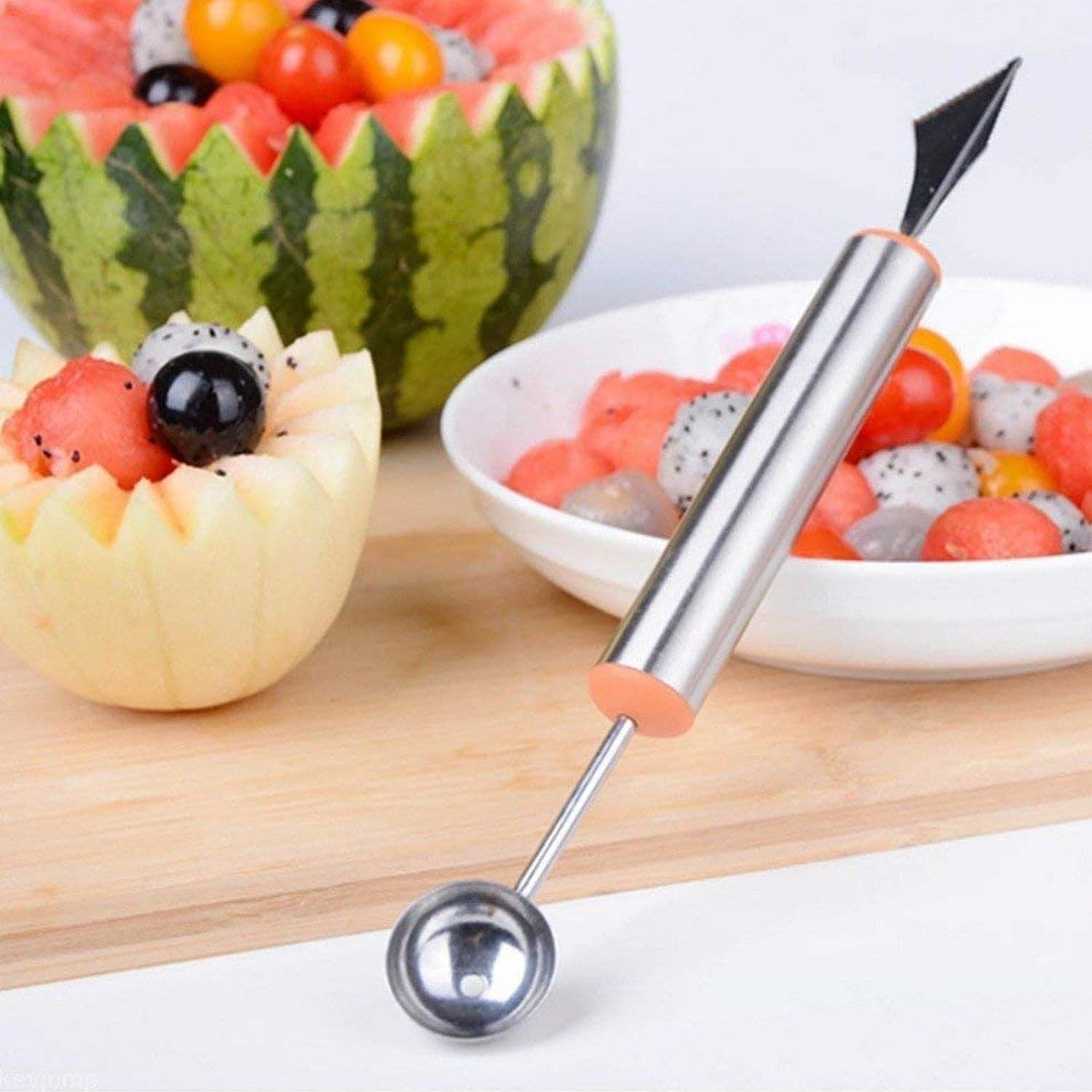 Multifunctional 2 in 1 Melon Baller - Stainless Steel Dig Scoop with Fruit Carving Knife. thumbnail 1