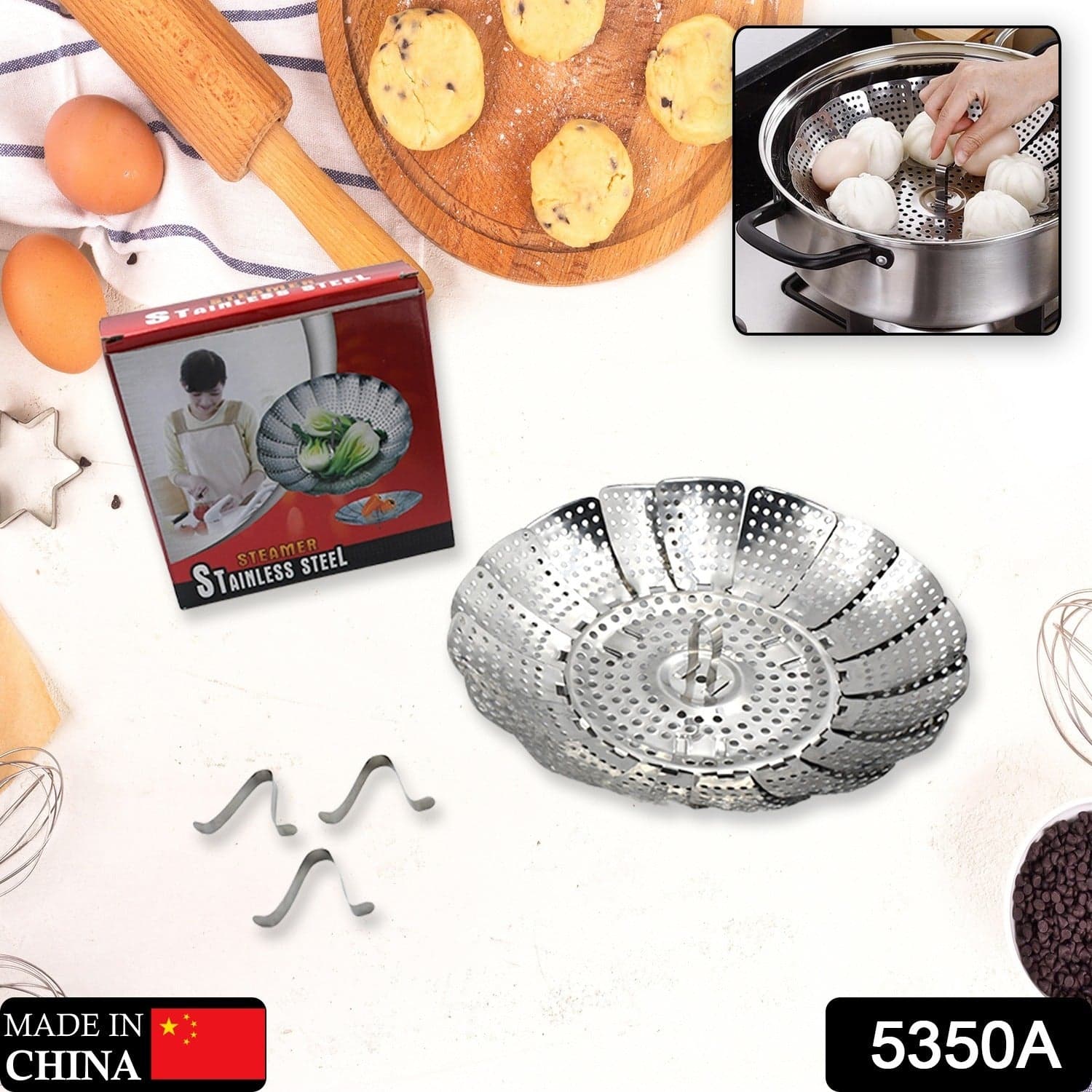Unique Design Stainless-Steel Heaviest Vegetable ,Cooking Foldable Steamer Basket For Kitchen Utensils/Dish Drying Rack/Plate Stand/ Basket thumbnail 2