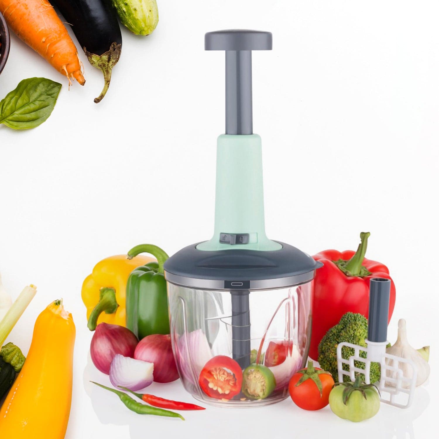1100 ml 2 in 1 Push up Chopper with affixed with 6 Sharp Blade | Vegetable and Fruit Cutter with Easy Push and chop Button thumbnail 1