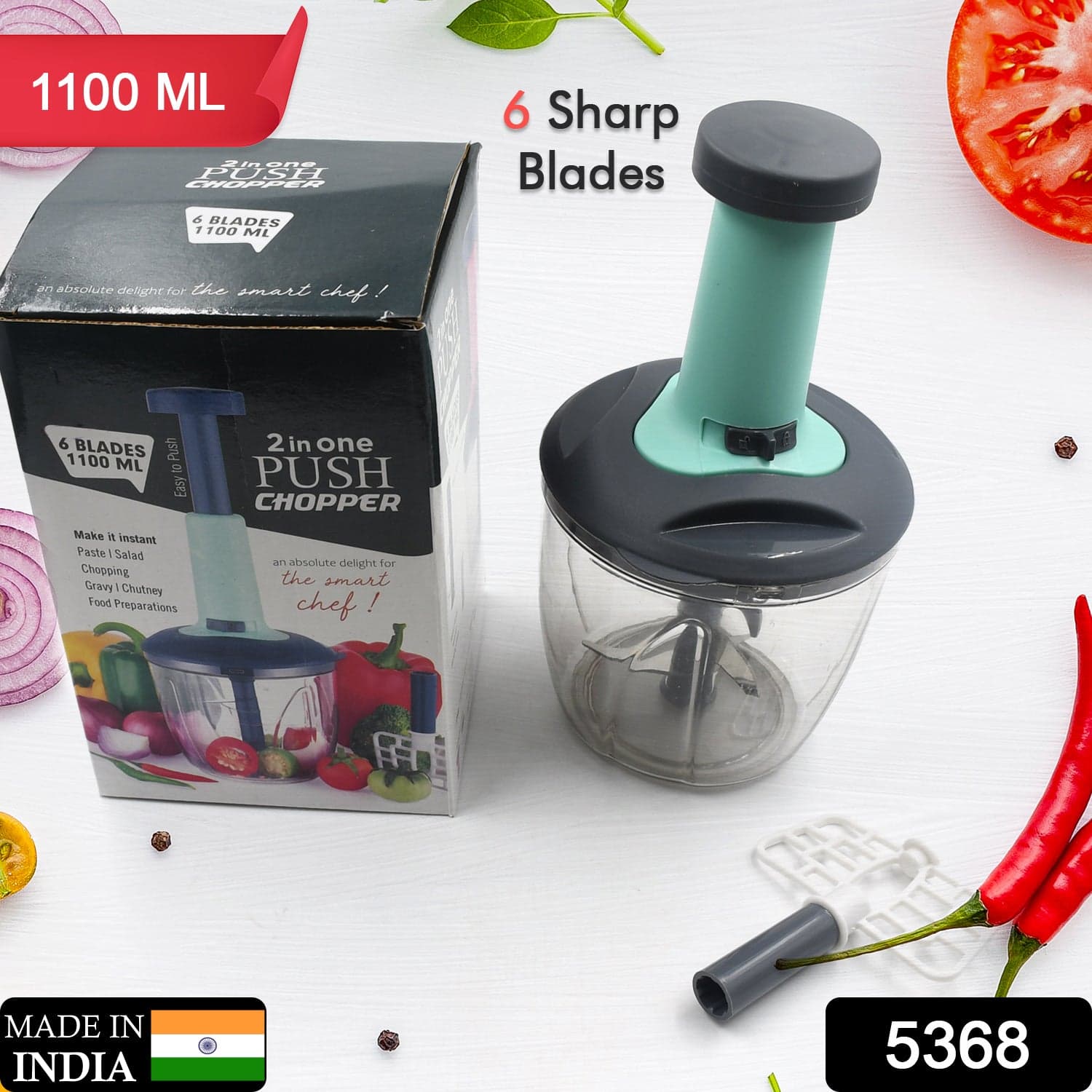 1100 ml 2 in 1 Push up Chopper with affixed with 6 Sharp Blade | Vegetable and Fruit Cutter with Easy Push and chop Button thumbnail 2